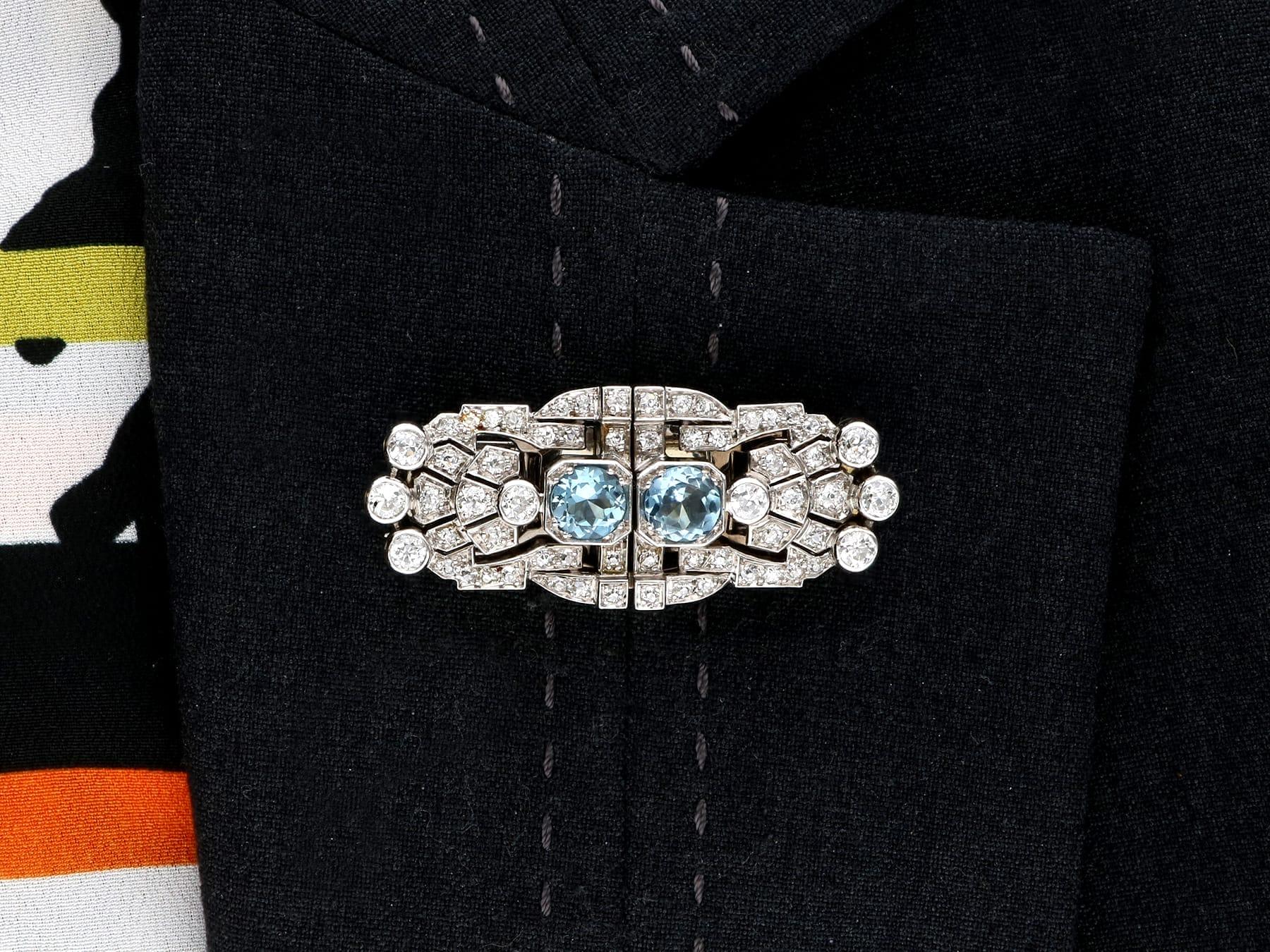 1.52 Carat Aquamarine and 2.92 Carat Diamond, 18k White Gold Double Clip Brooch For Sale 7