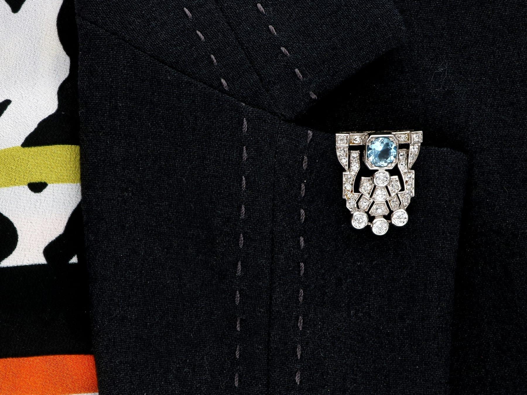 1.52 Carat Aquamarine and 2.92 Carat Diamond, 18k White Gold Double Clip Brooch For Sale 8