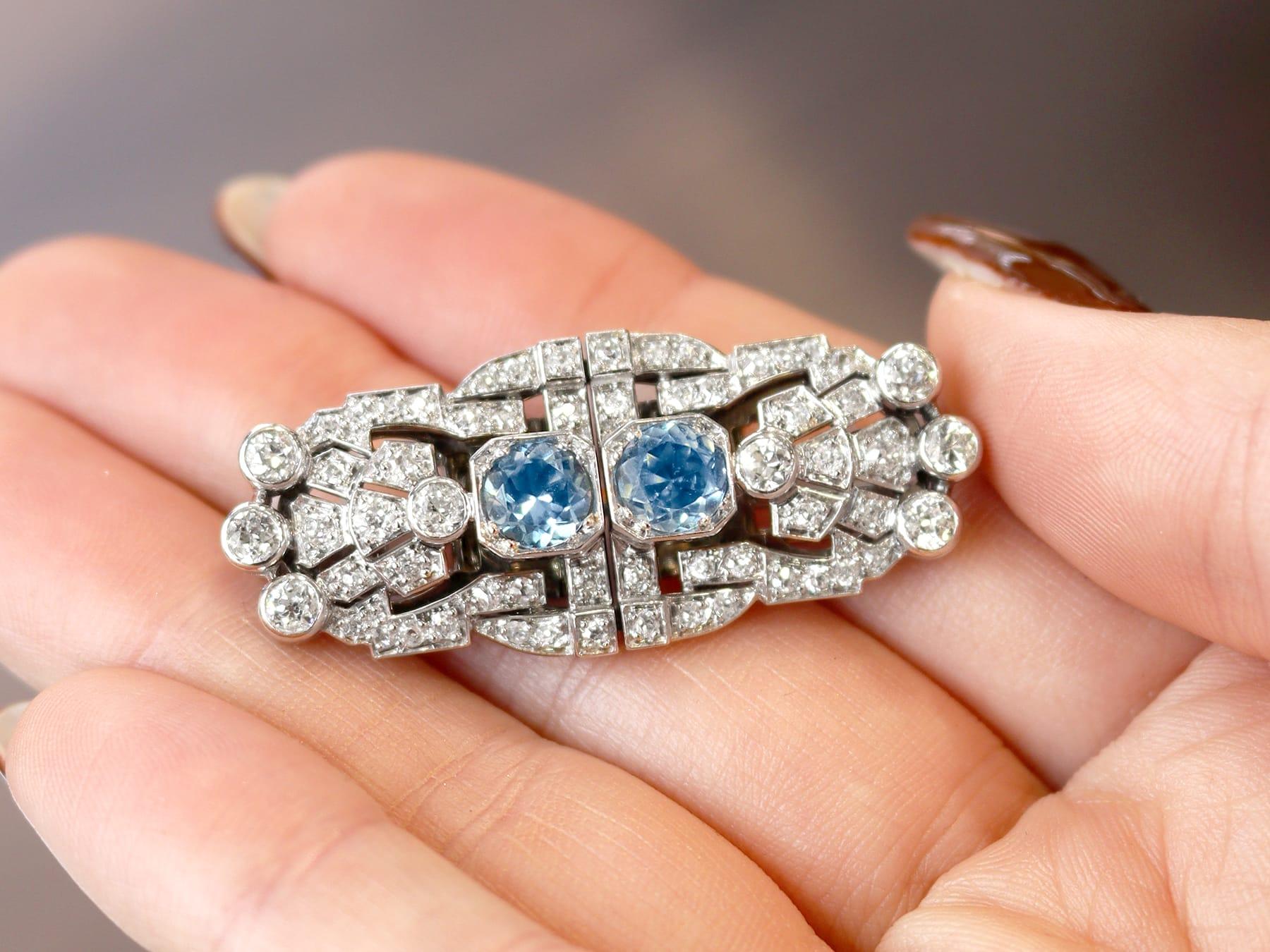 Art Deco 1.52 Carat Aquamarine and 2.92 Carat Diamond, 18k White Gold Double Clip Brooch For Sale