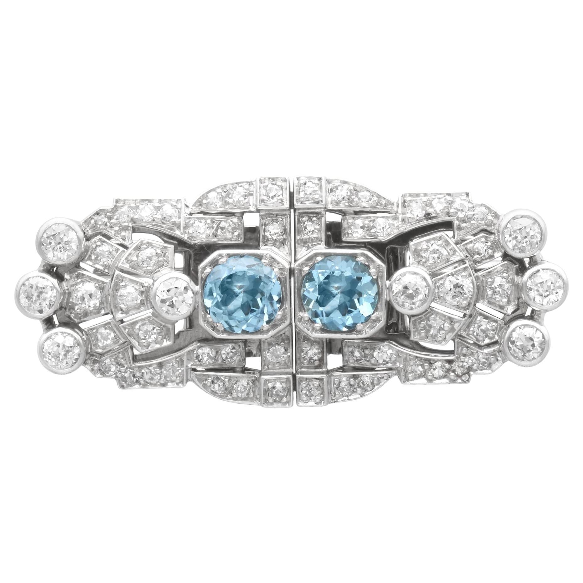 1.52 Carat Aquamarine and 2.92 Carat Diamond, 18k White Gold Double Clip Brooch For Sale