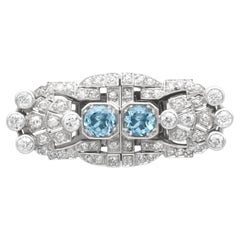 1.52 Carat Aquamarine and 2.92 Carat Diamond, 18k White Gold Double Clip Brooch
