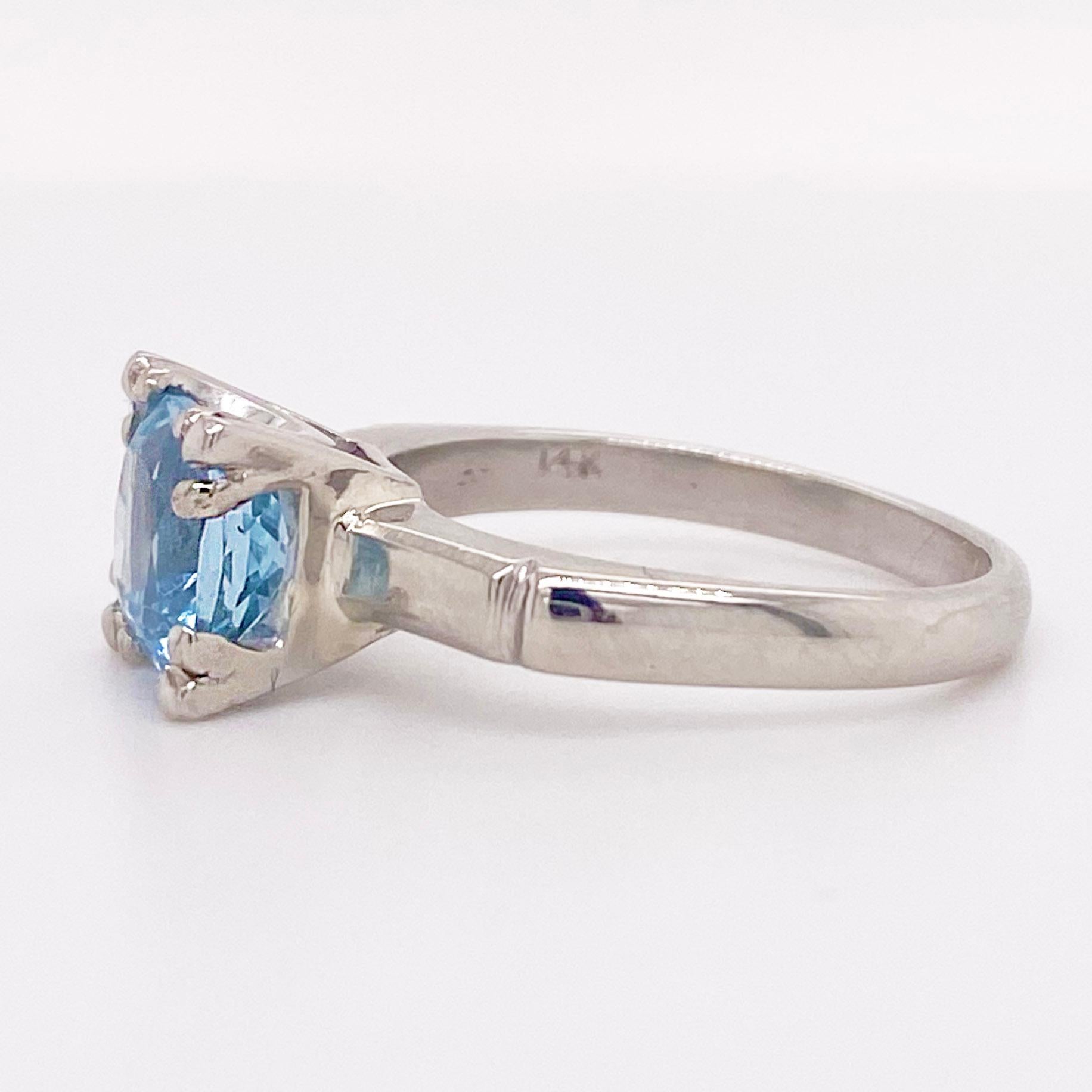 Aquamarines are said to give off tranquility and serenity energies. The calming blue color goes perfectly with the white gold of the ring. This subtle, but fun design makes a perfect gift for any loved one. The details for this beautiful ring are