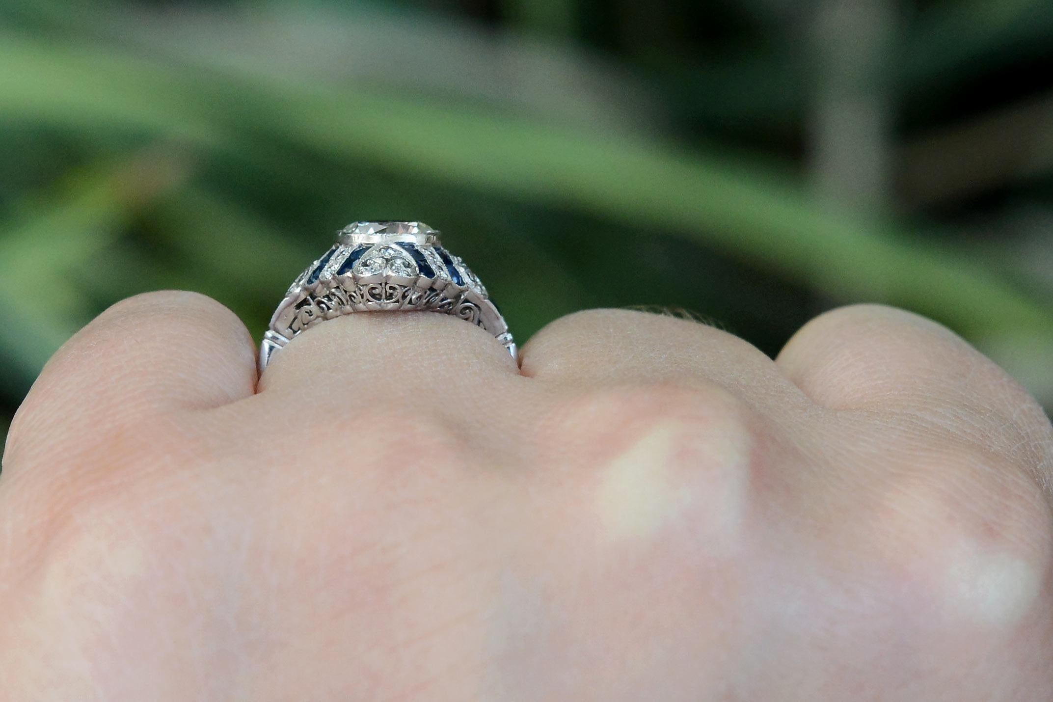 1.52 Carat Art Deco Style Diamond & Sapphire Engagement Ring In New Condition In Santa Barbara, CA
