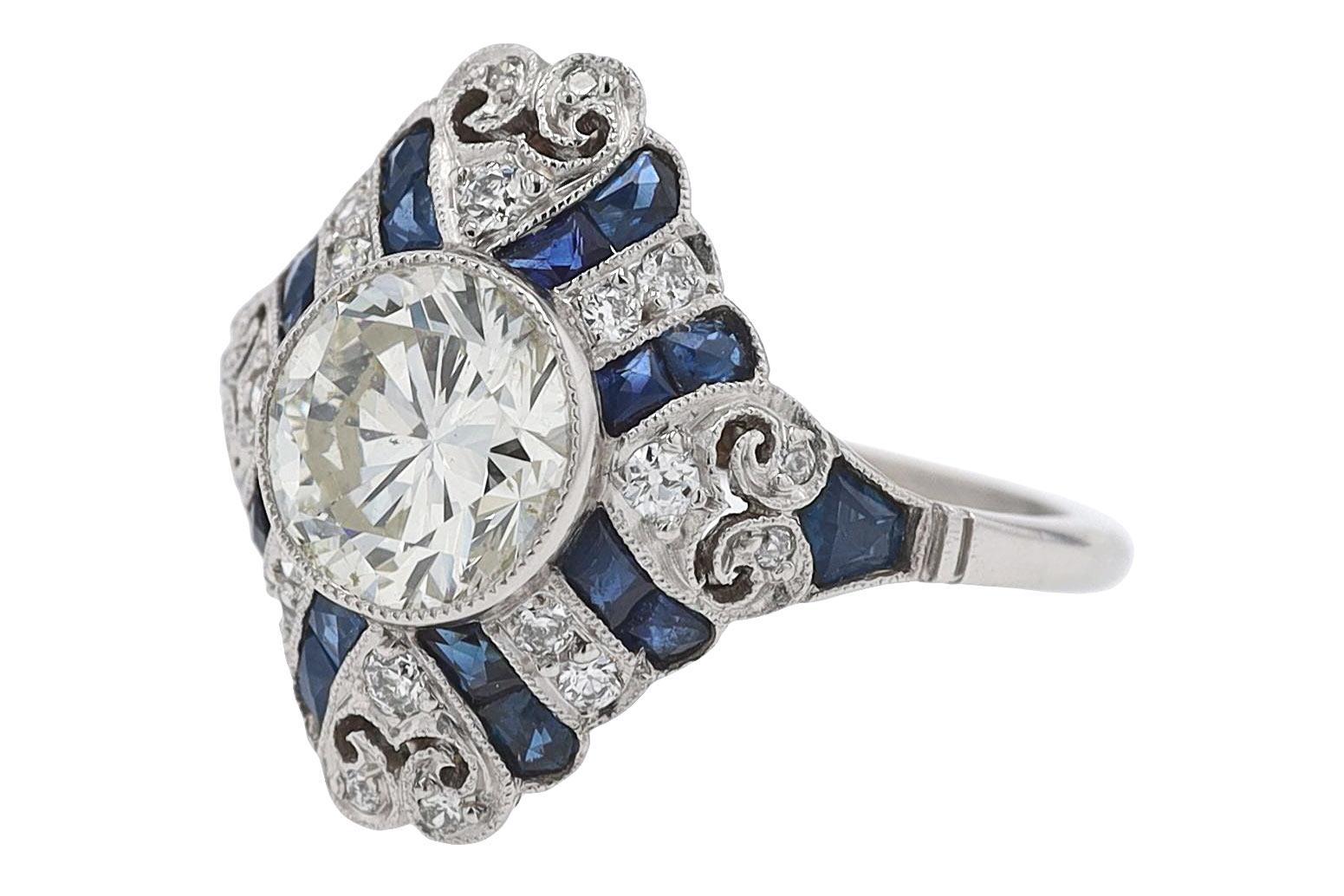 Women's 1.52 Carat Art Deco Style Diamond & Sapphire Engagement Ring
