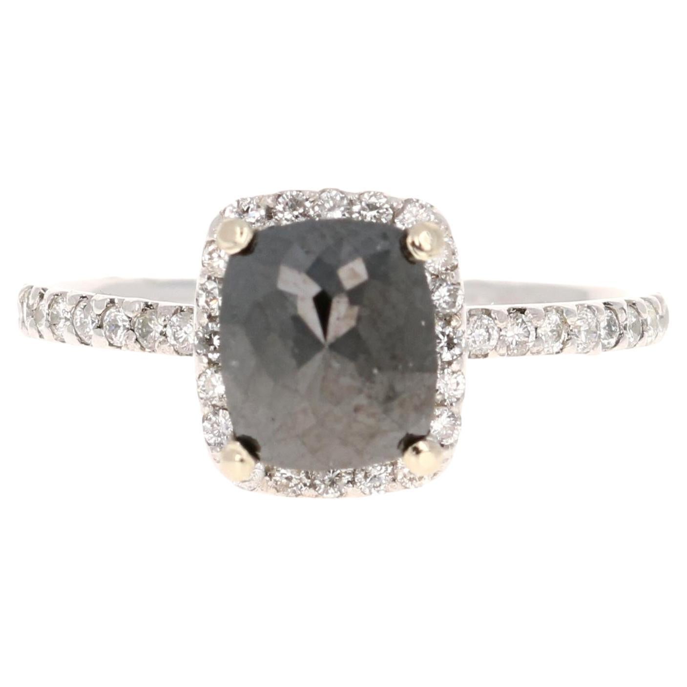 1.52 Carat Black White Diamond 14 Karat White Gold Engagement Ring For Sale