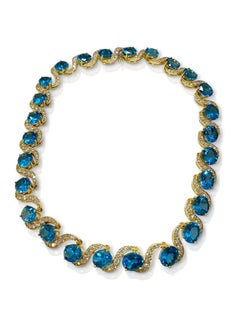152 Carat Blue Topaz and Diamond Necklace in 18K Yellow Gold