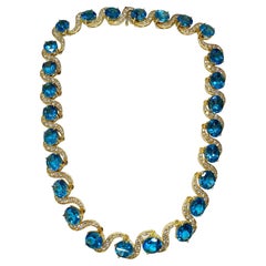 152 Carat Blue Topaz and Diamond Necklace in 18K Yellow Gold