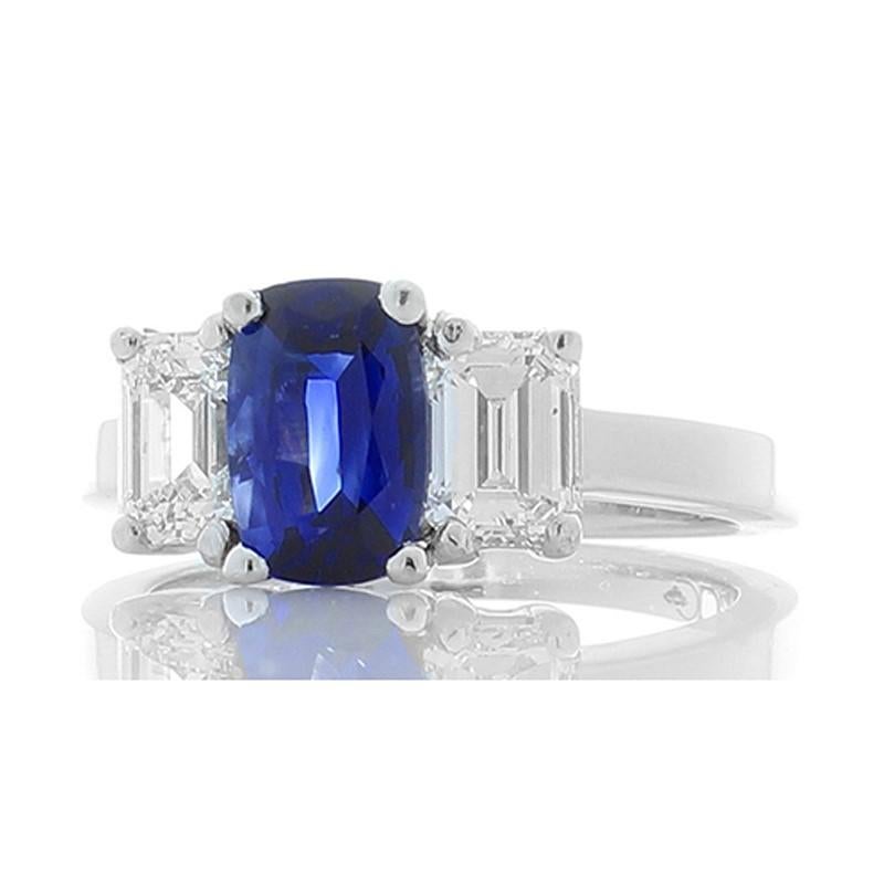 Contemporary 1.52 Carat Cushion Ceylon Sapphire and Emerald Cut Diamonds Cocktail Ring