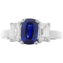 1.52 Carat Cushion Ceylon Sapphire and Emerald Cut Diamonds Cocktail Ring