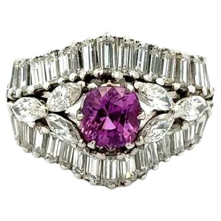 1.52 Carat Cushion Pink Sapphire and Diamond Platinum Vintage Ring Estate