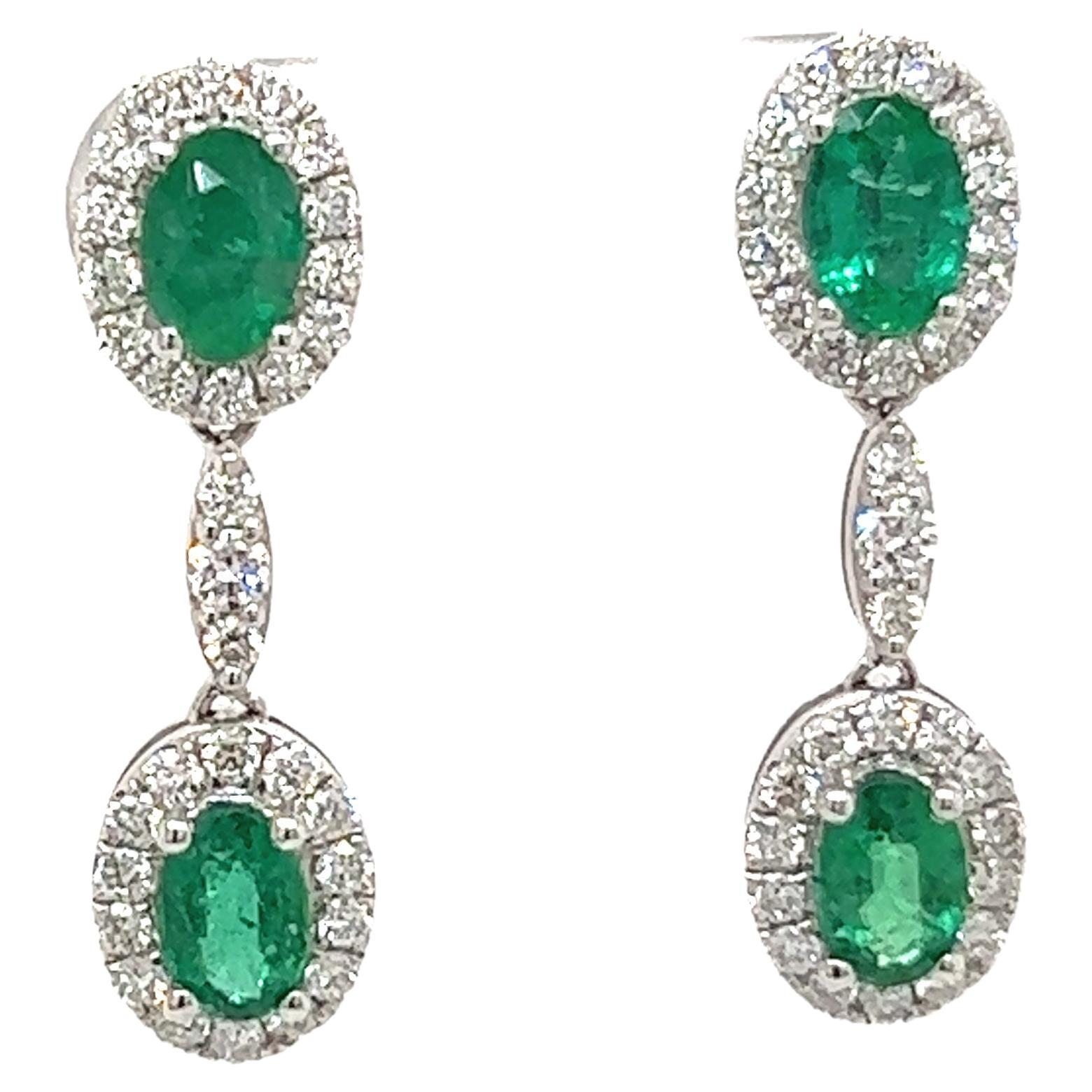 1.52 Carat Emerald and Diamond Dangle Earrings For Sale