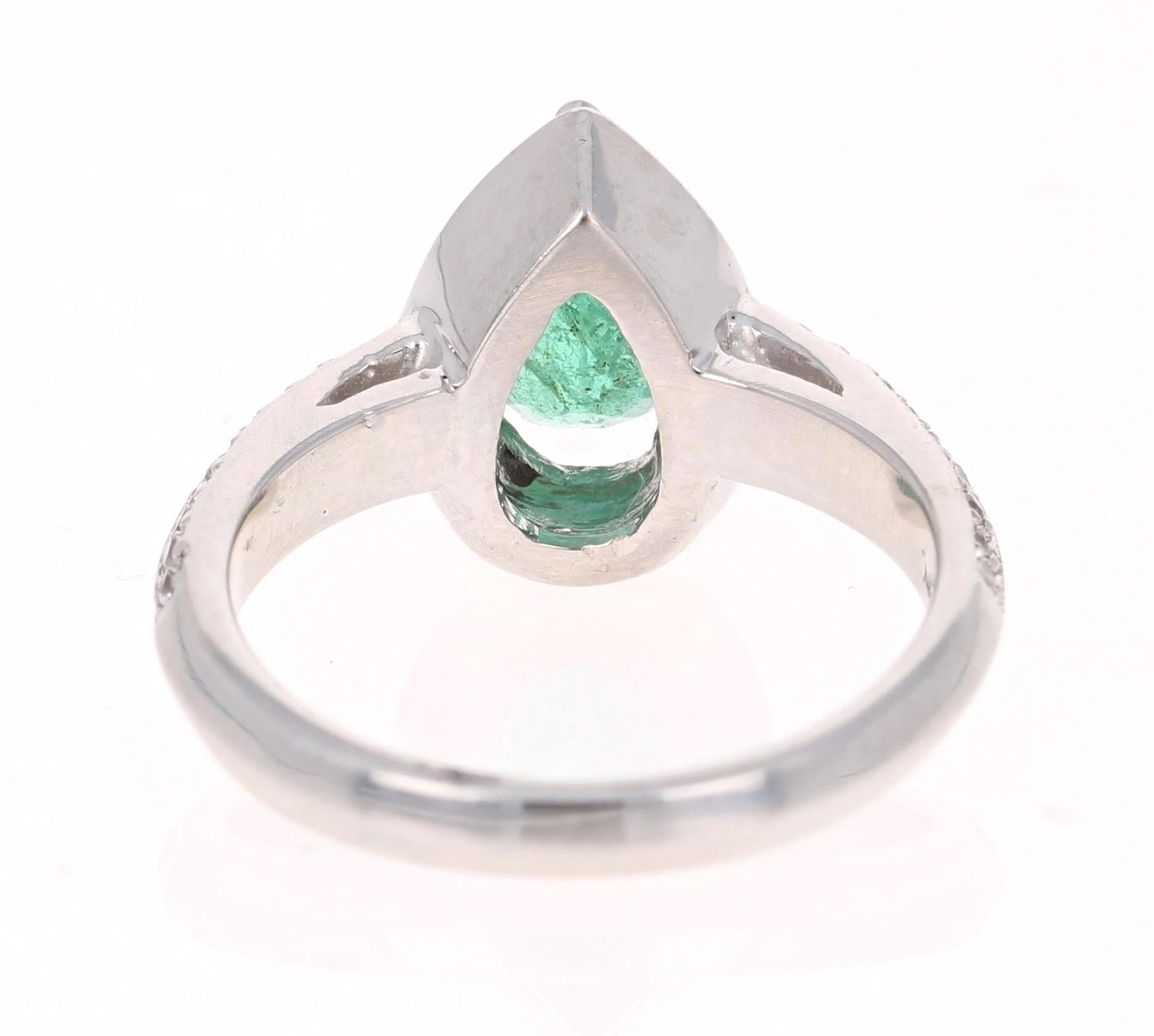 Pear Cut 1.52 Carat Emerald Diamond 14 Karat White Gold Engagement Ring