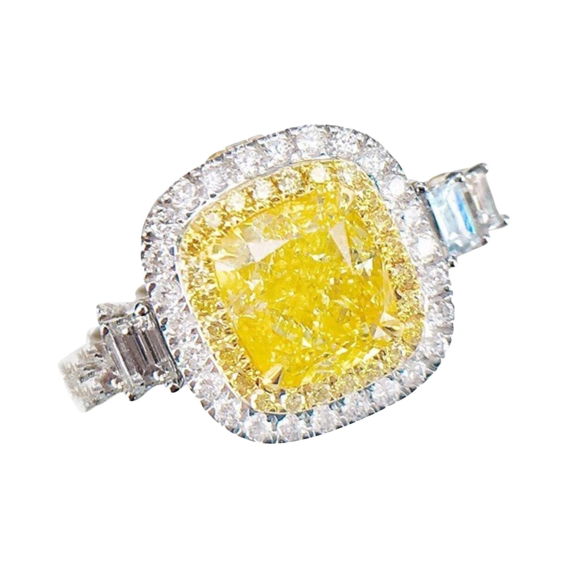 1.52 Carat Fancy Yellow Diamond Ring 18K White Gold For Sale