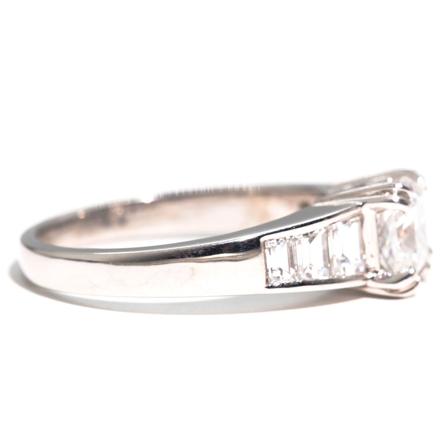 1.52 Carat GIA Cushion Diamond and 1.25 Carat Trapezoid Diamond Engagement Ring In Good Condition In Hamilton, AU