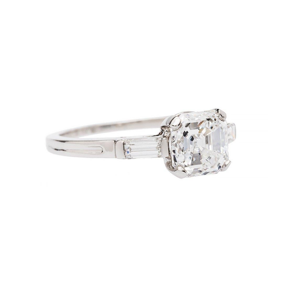 A tradition that has lasted centuries and taken on many forms. The diamond engagement ring is a symbol of love, faithfulness and companionship to last a lifetime. Featuring a 1.52 carat emerald cut diamond that is GIA certified as F color, VS2