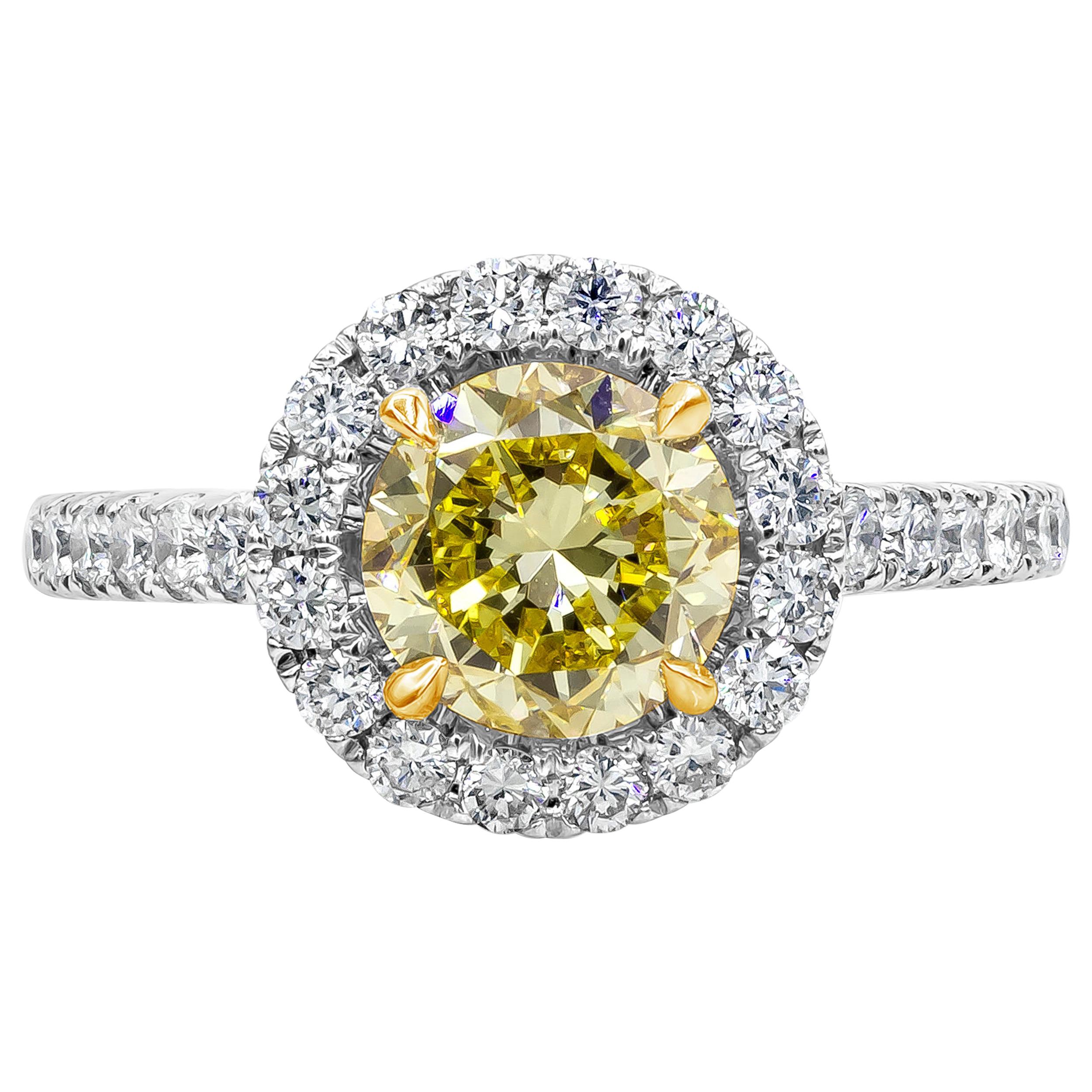 GIA Certified 1.52 Carats Round Fancy Intense Yellow Diamond Engagement Ring