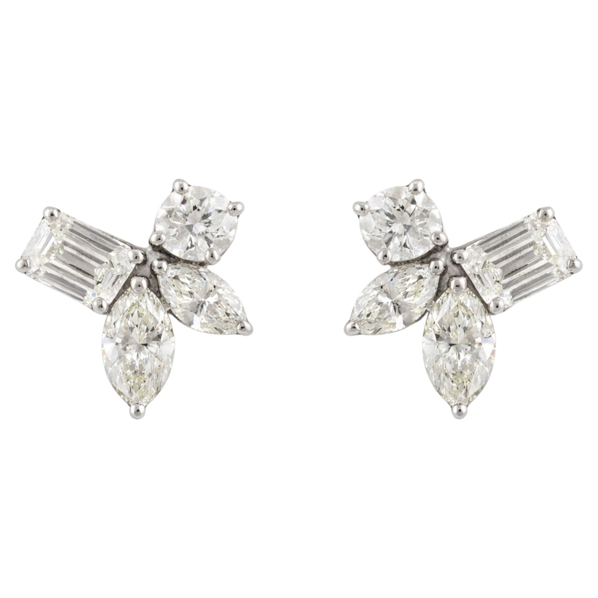 Multi-Cut Diamond Cluster Stud Earrings with Emerald & Marquise 18k White Gold For Sale
