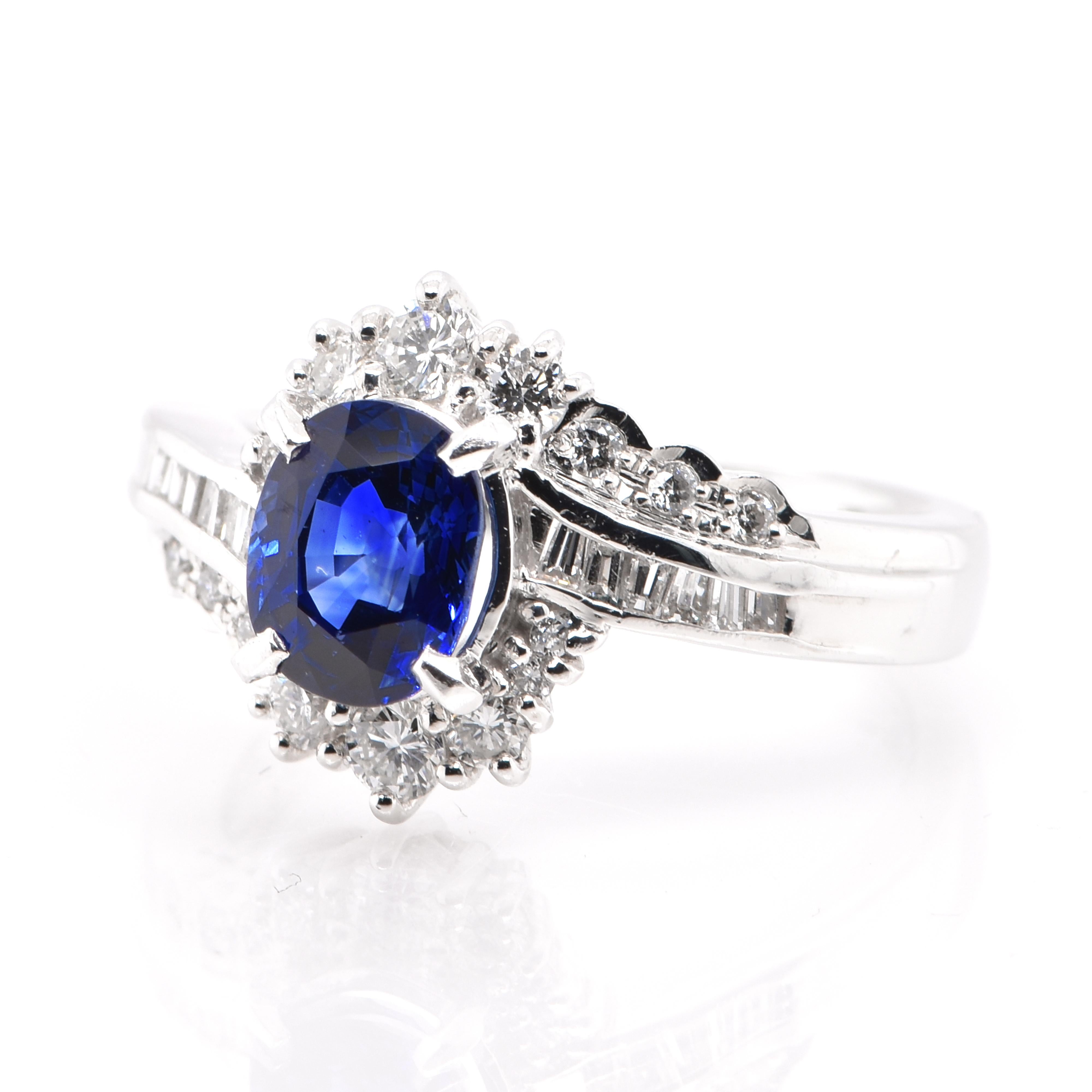 A beautiful Ring featuring a 1.52 Carat, Natural, Blue Sapphire and 0.56 Carats of Diamond Accents set in Platinum. Sapphires have extraordinary durability - they excel in hardness as well as toughness and durability making them very popular in