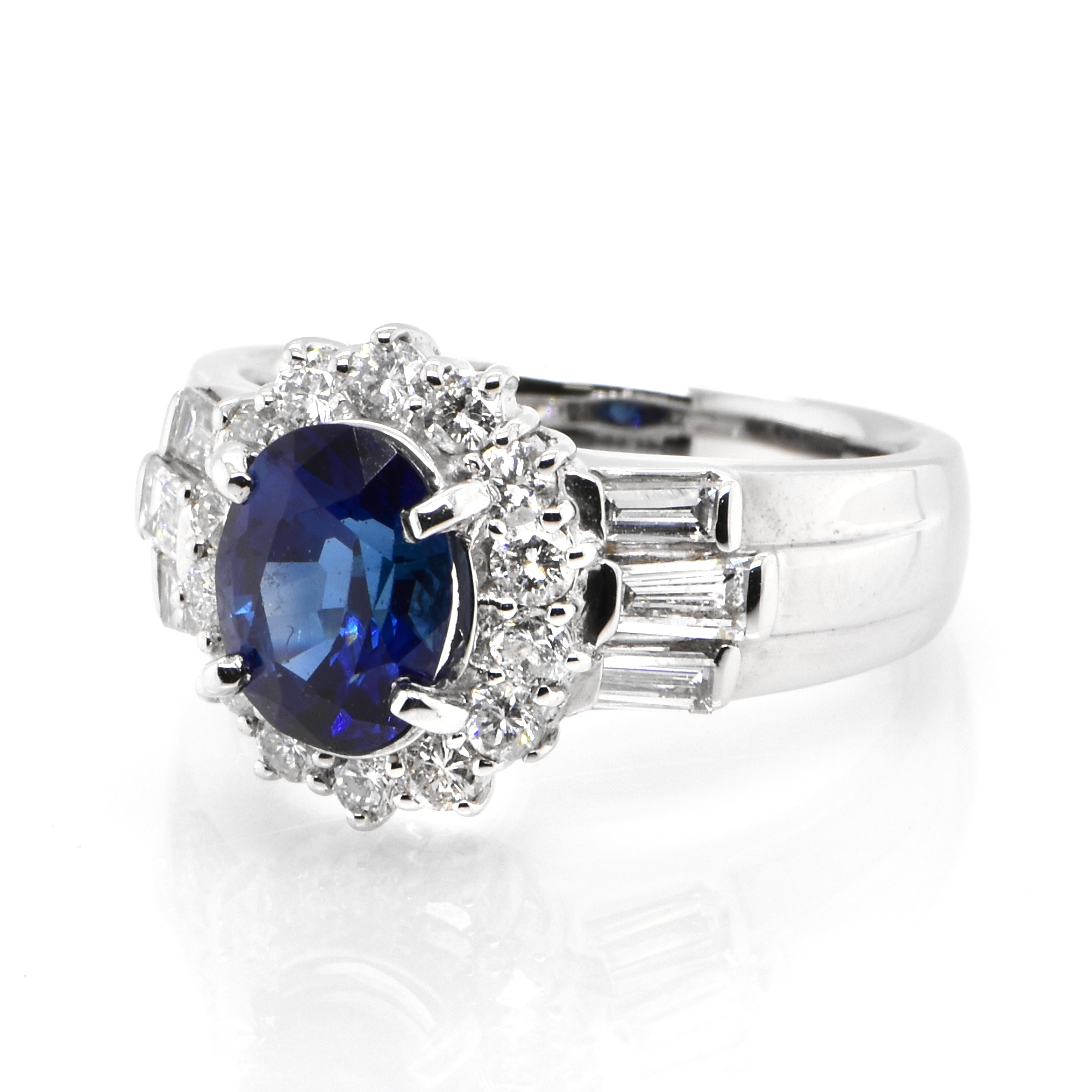 A beautiful ring featuring 1.522 Carat Natural Royal Blue Sapphire and 0.81 Carats Diamond Accents set in Platinum. Sapphires have extraordinary durability - they excel in hardness as well as toughness and durability making them very popular in