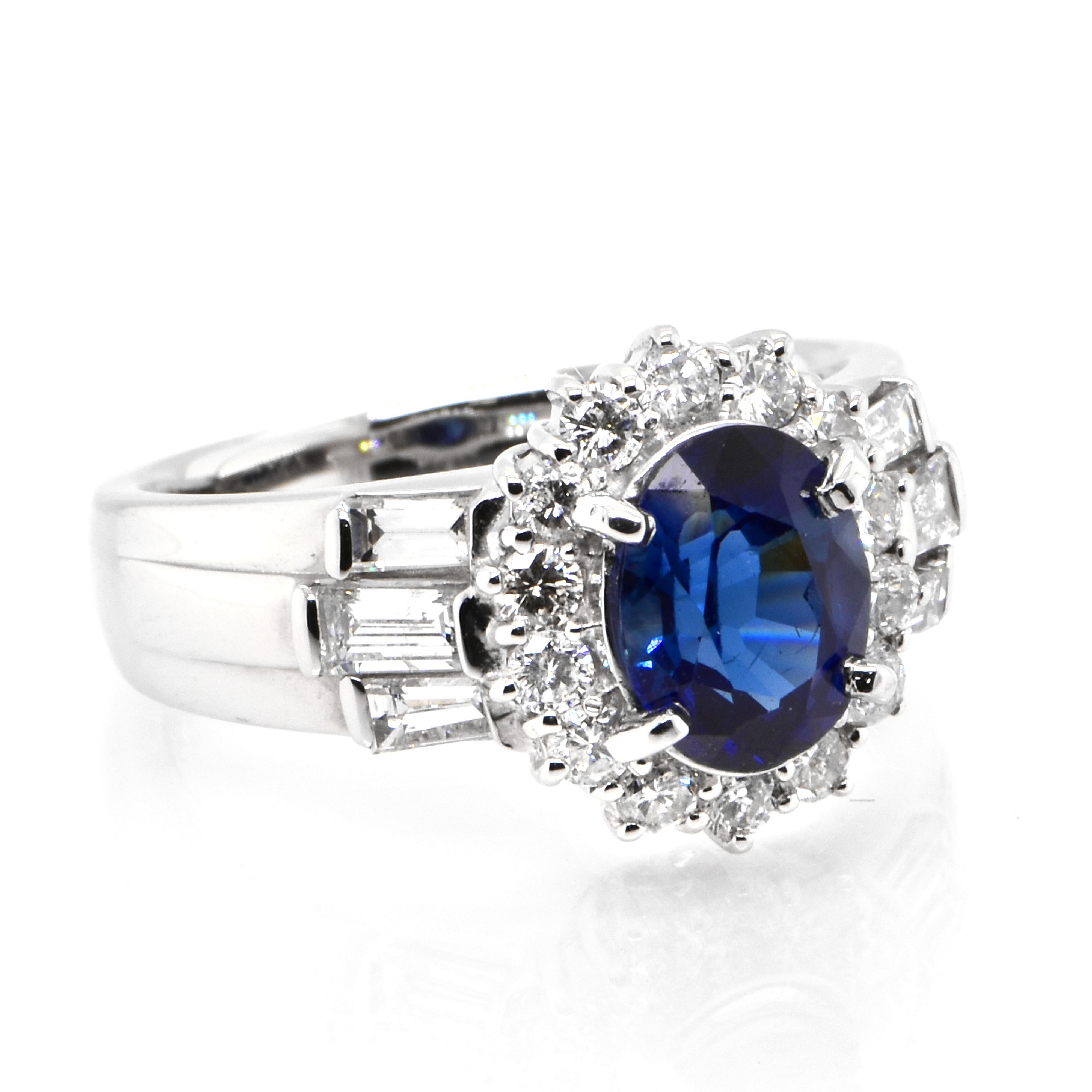 Modern 1.52 Carat Natural Royal Blue Color Sapphire and Diamond Ring Made in Platinum For Sale