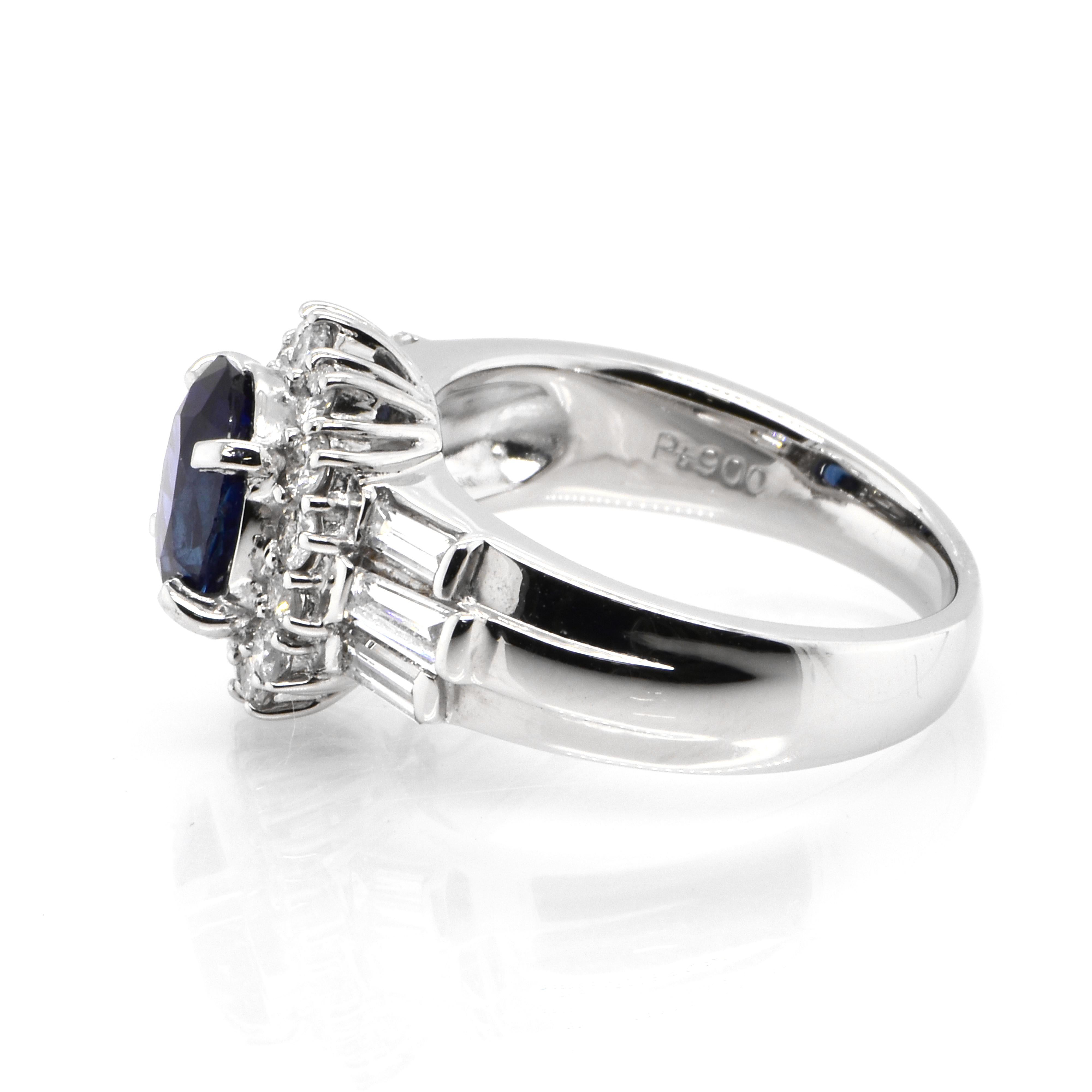 Oval Cut 1.52 Carat Natural Royal Blue Color Sapphire and Diamond Ring Made in Platinum For Sale