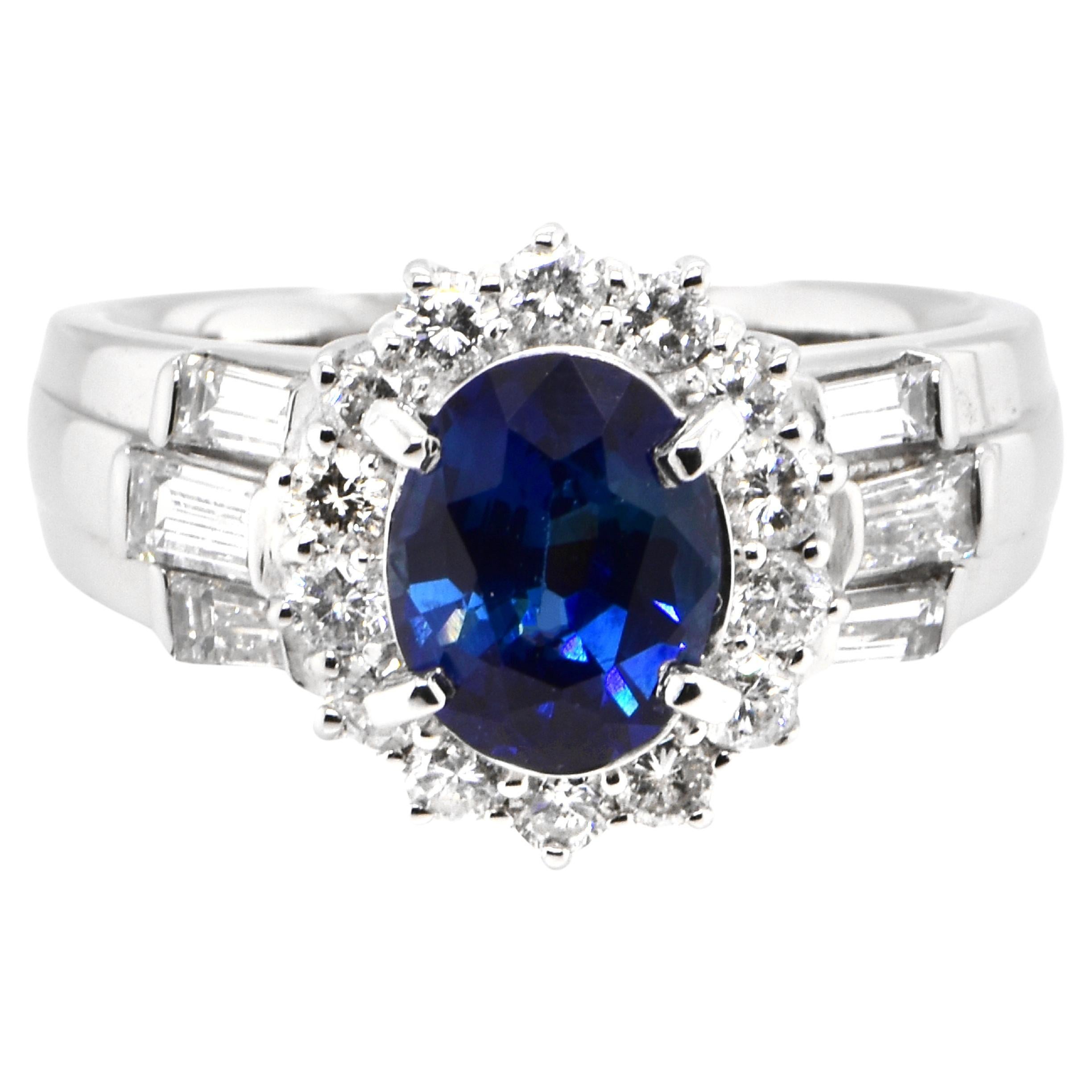 1.52 Carat Natural Royal Blue Color Sapphire and Diamond Ring Made in Platinum For Sale