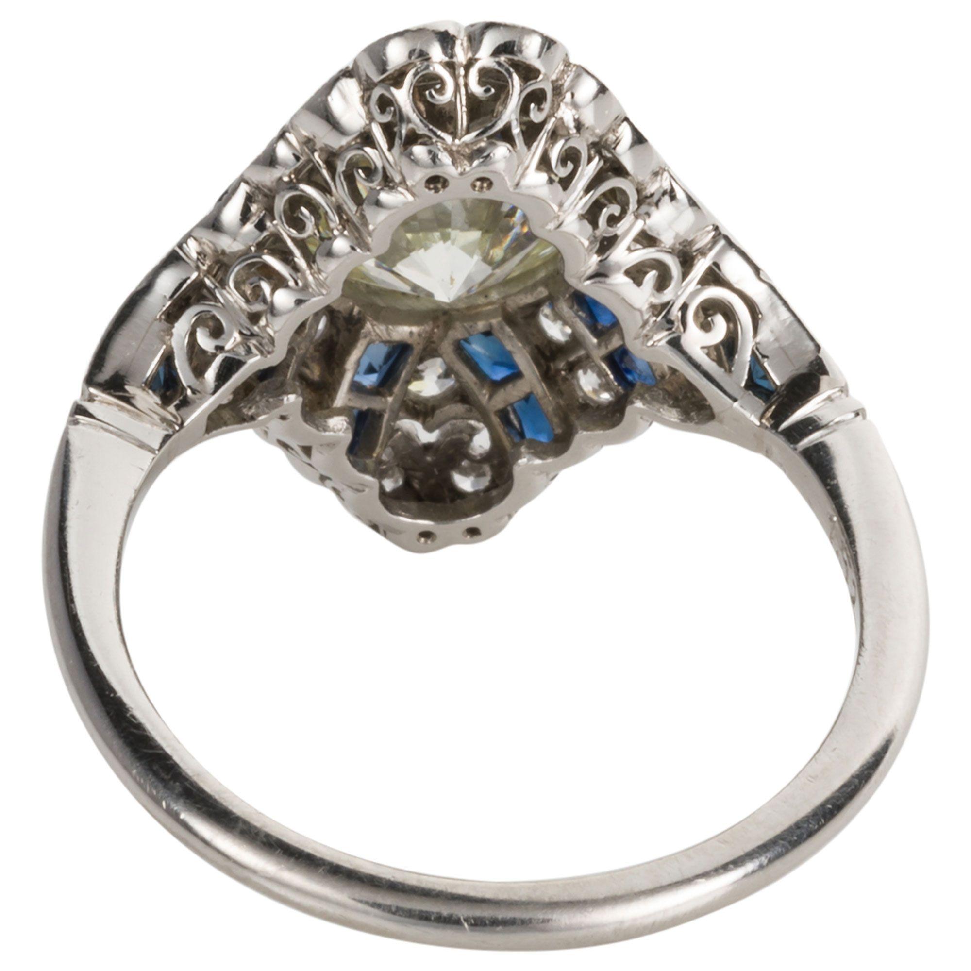 Women's 1.52 Carat Old European Cut Diamond and Sapphire Art Deco Inspired Ring For Sale