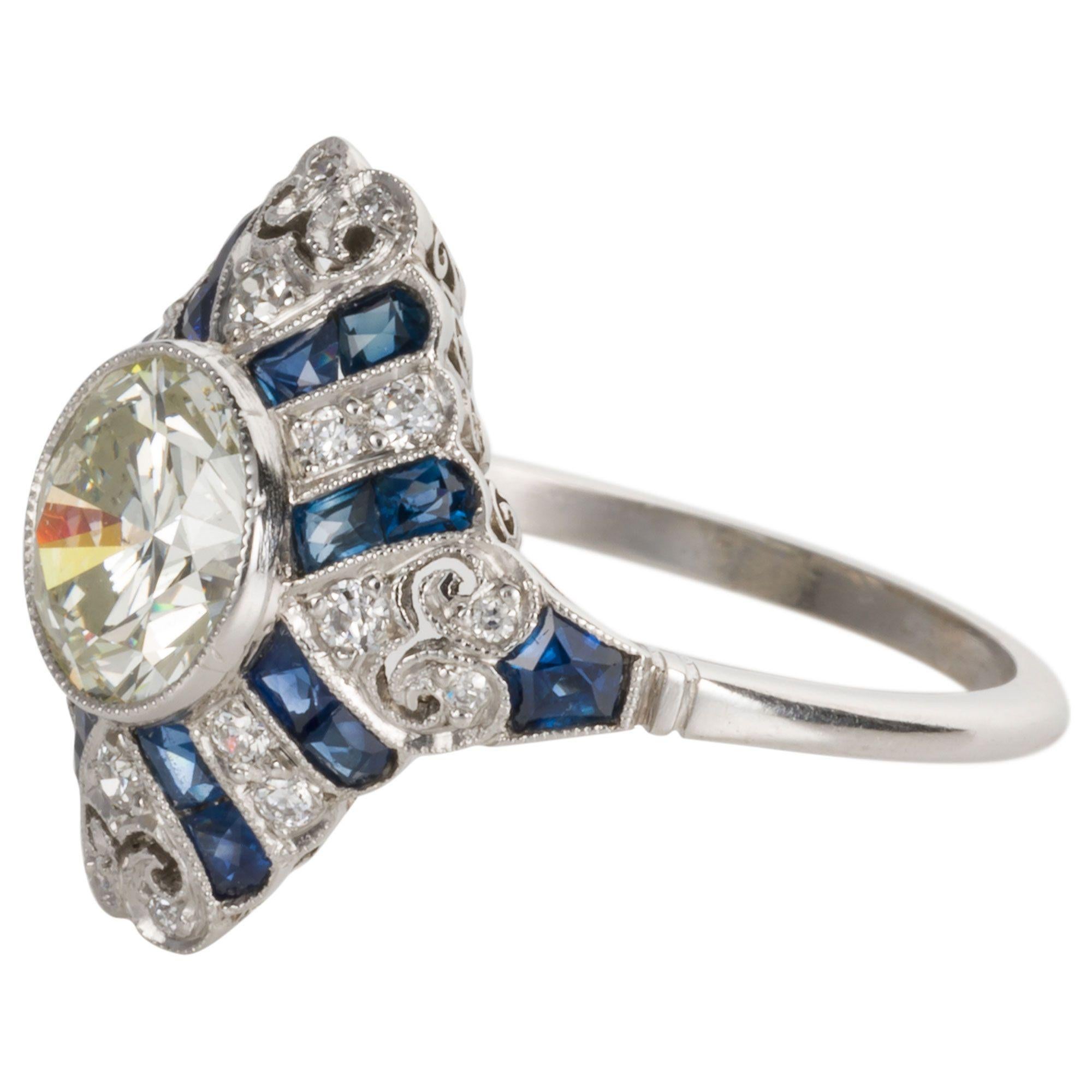 1.52 Carat Old European Cut Diamond and Sapphire Art Deco Inspired Ring For Sale 2