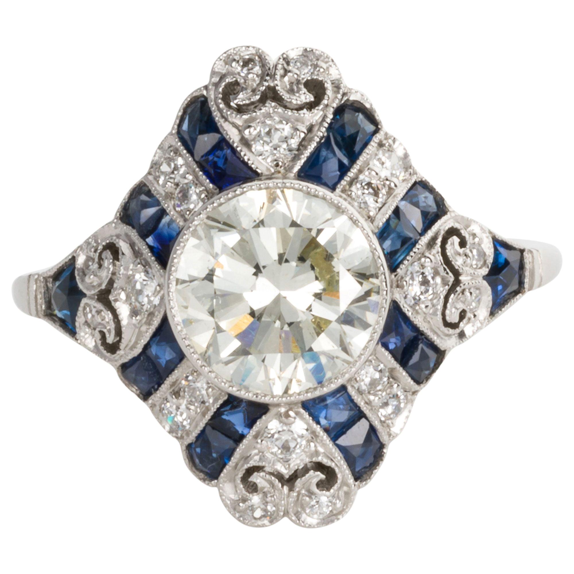 1.52 Carat Old European Cut Diamond and Sapphire Art Deco Inspired Ring For Sale