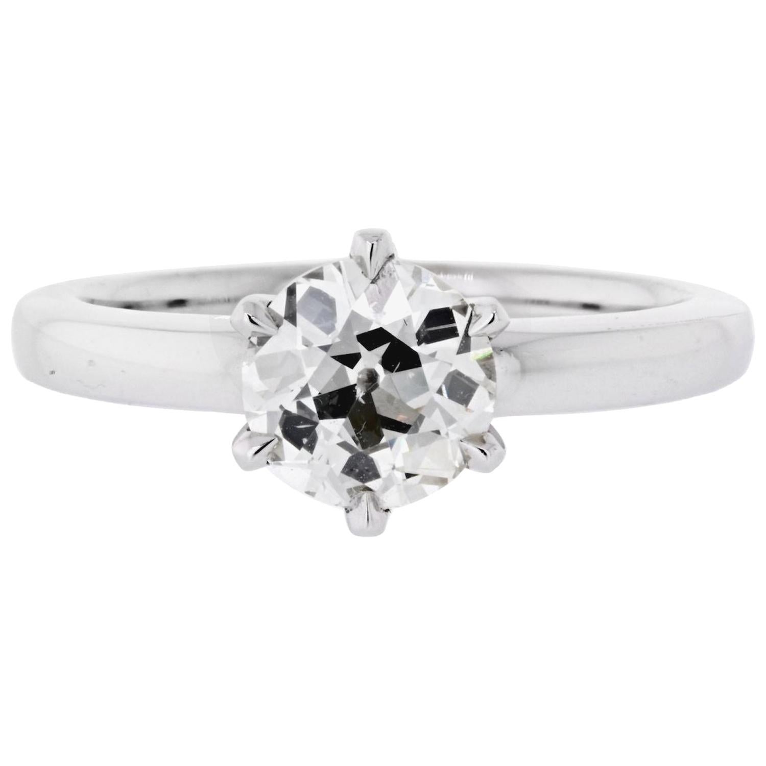 Bague solitaire à six griffes avec diamant taille européenne ancienne de 1,52 carat, certifié GIA M/VS2