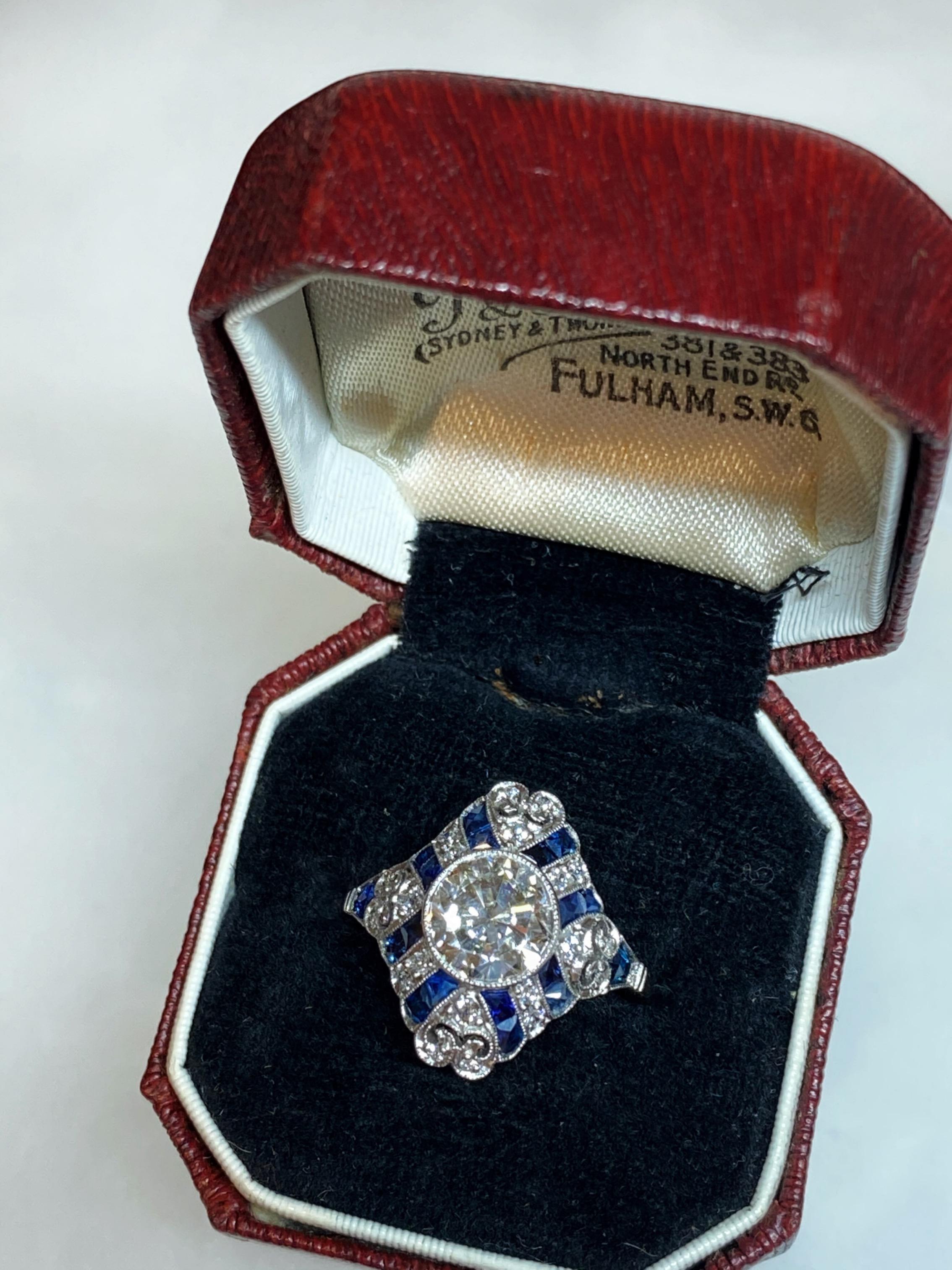 1.52 Carat Old European Cut Diamond and Sapphire Art Deco Inspired Ring For Sale 8