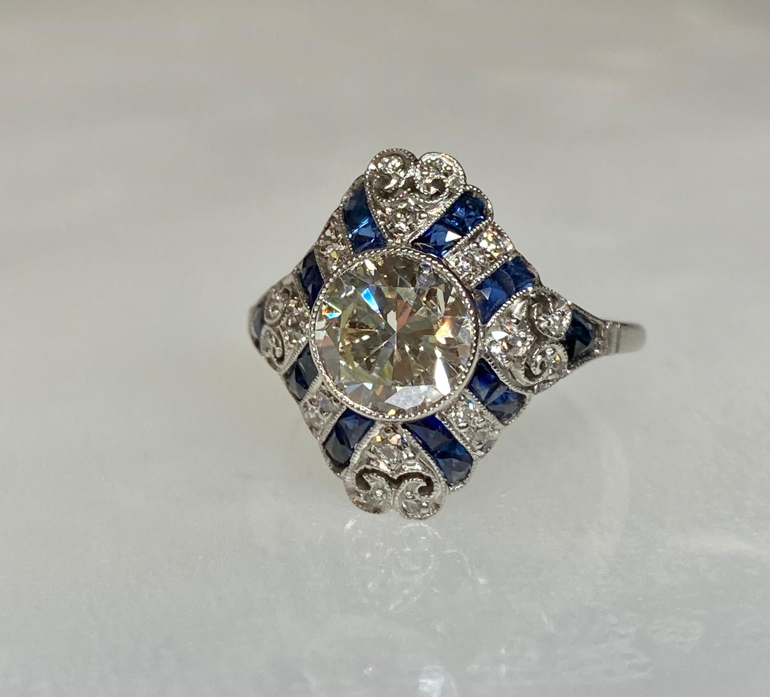 1.52 Carat Old European Cut Diamond and Sapphire Art Deco Inspired Ring For Sale 3