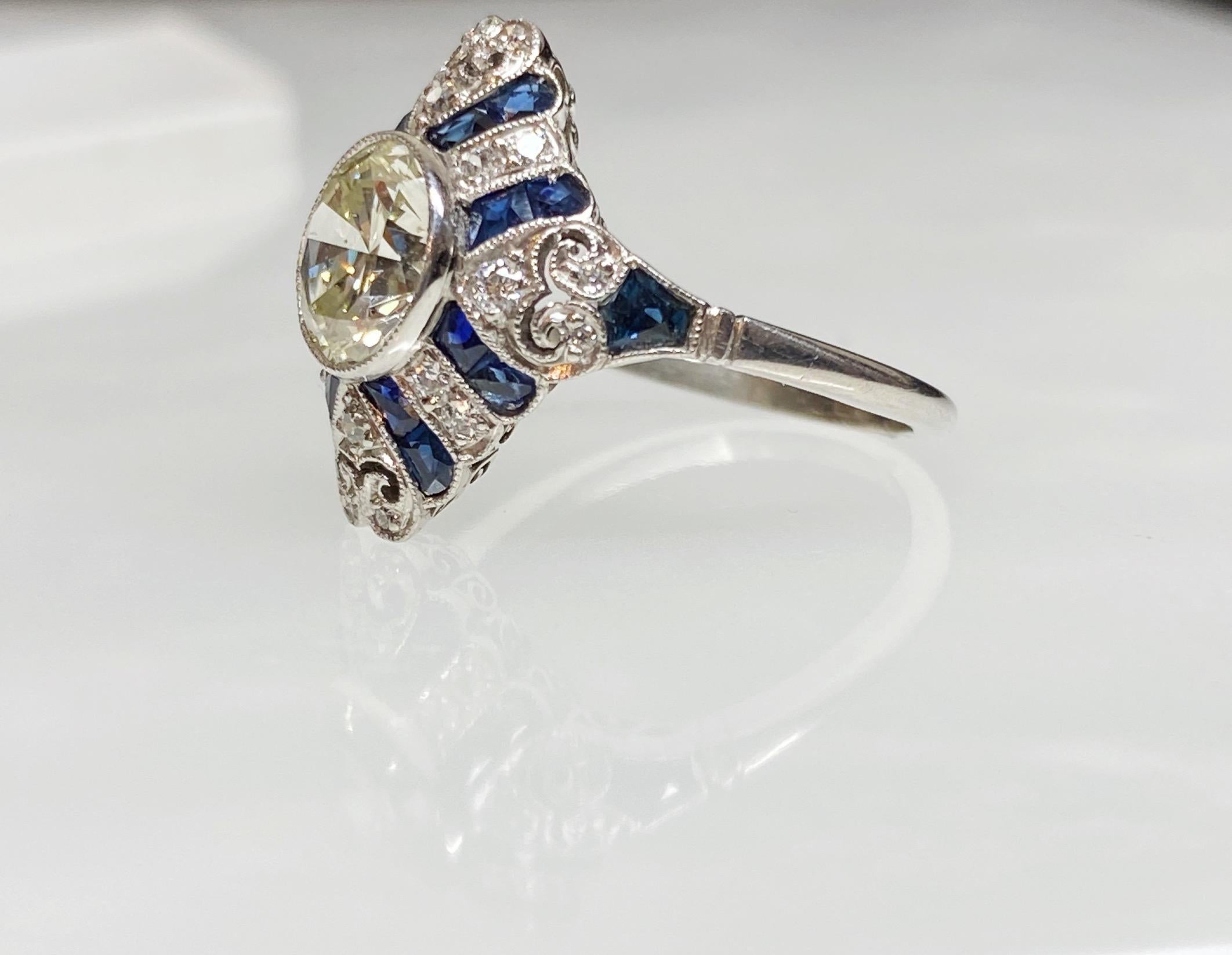 1.52 Carat Old European Cut Diamond and Sapphire Art Deco Inspired Ring For Sale 4