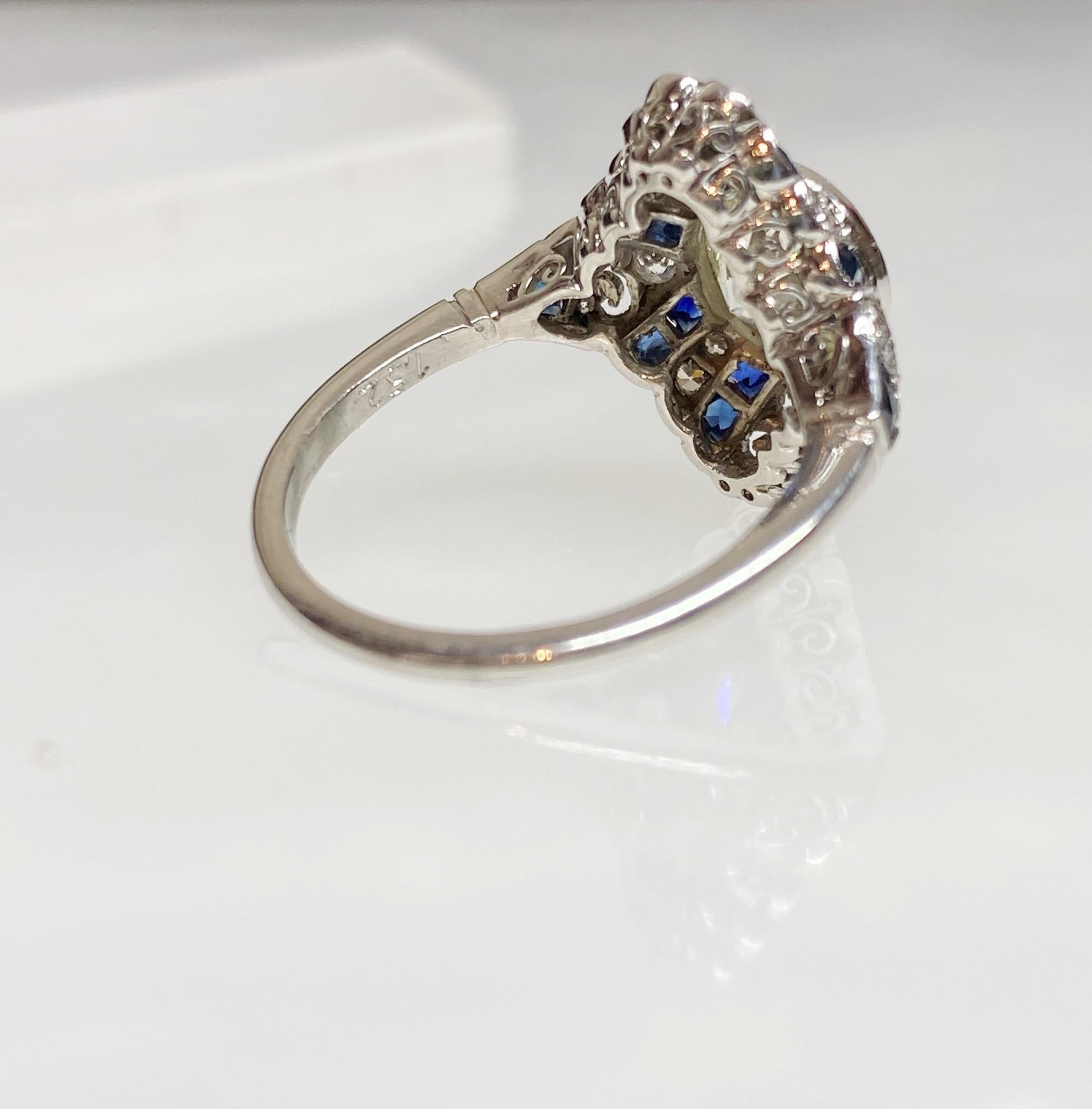 1.52 Carat Old European Cut Diamond and Sapphire Art Deco Inspired Ring For Sale 5