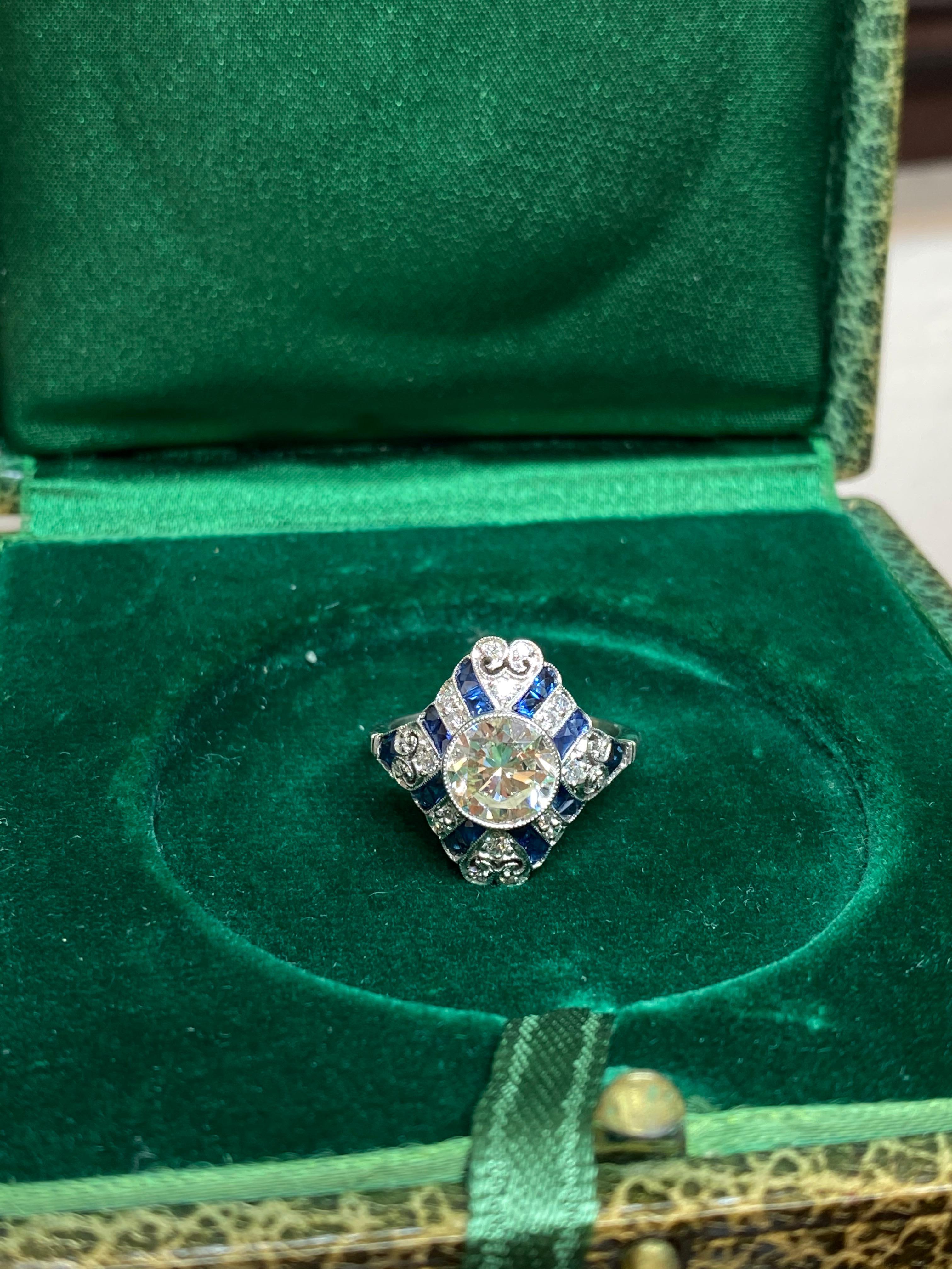 1.52 Carat Old European Cut Diamond and Sapphire Art Deco Inspired Ring For Sale 6