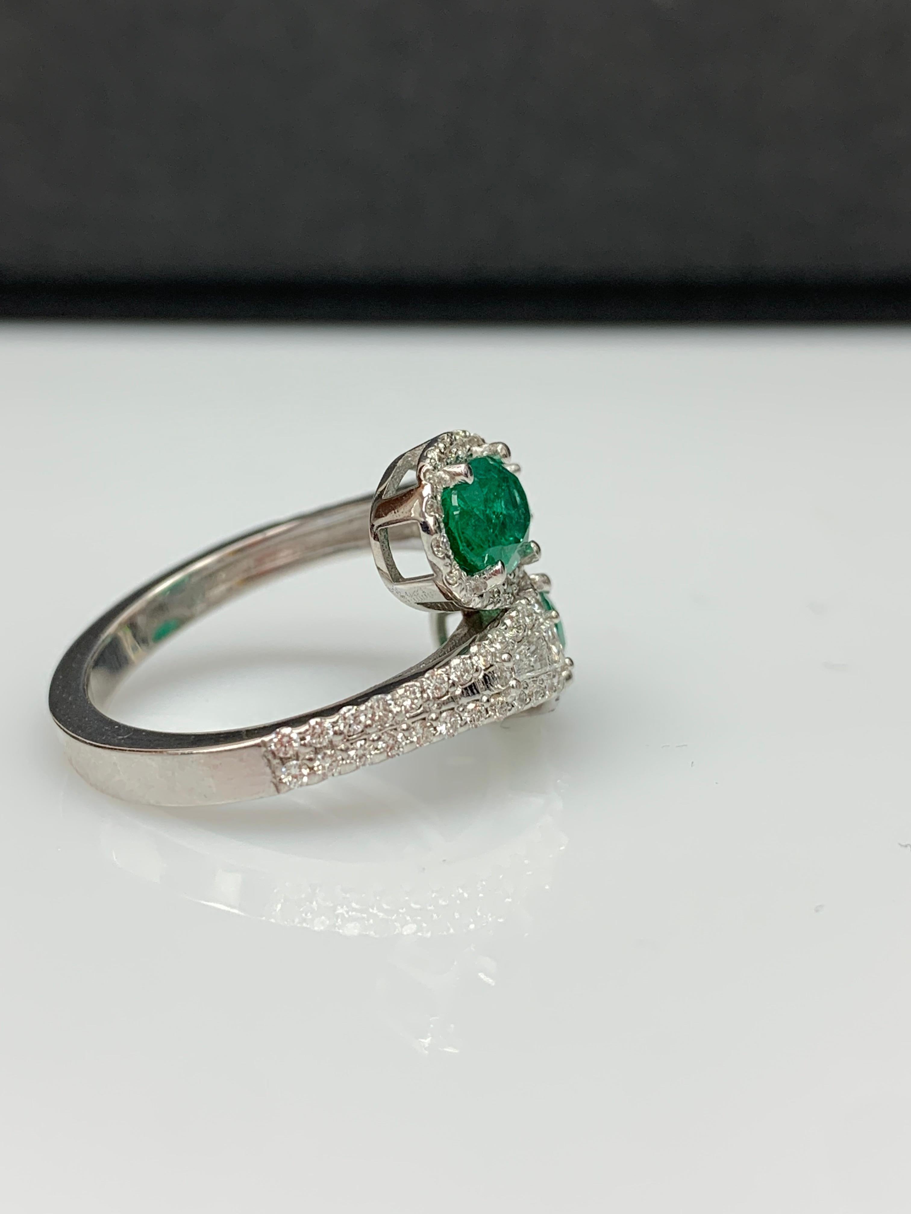 1.52 Carat Oval Cut Emerald Diamond Toi et Moi Engagement Ring 14K White Gold For Sale 3