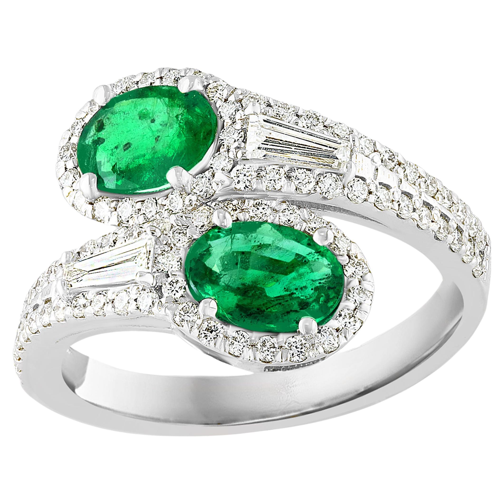 1.52 Carat Oval Cut Emerald Diamond Toi et Moi Engagement Ring 14K White Gold For Sale