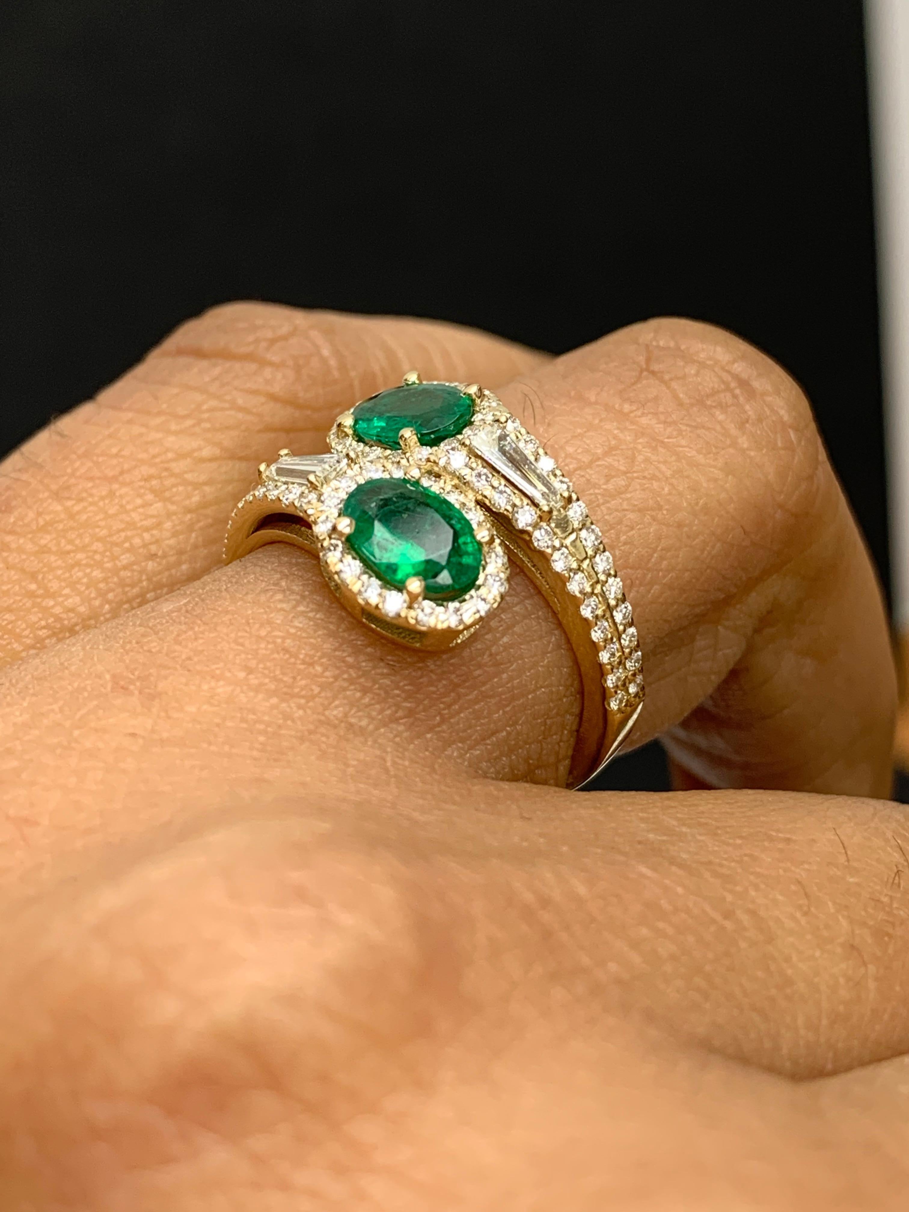 1.52 Carat Oval Cut Emerald Diamond Toi Et Moi Engagement Ring 14K Yellow Gold For Sale 8