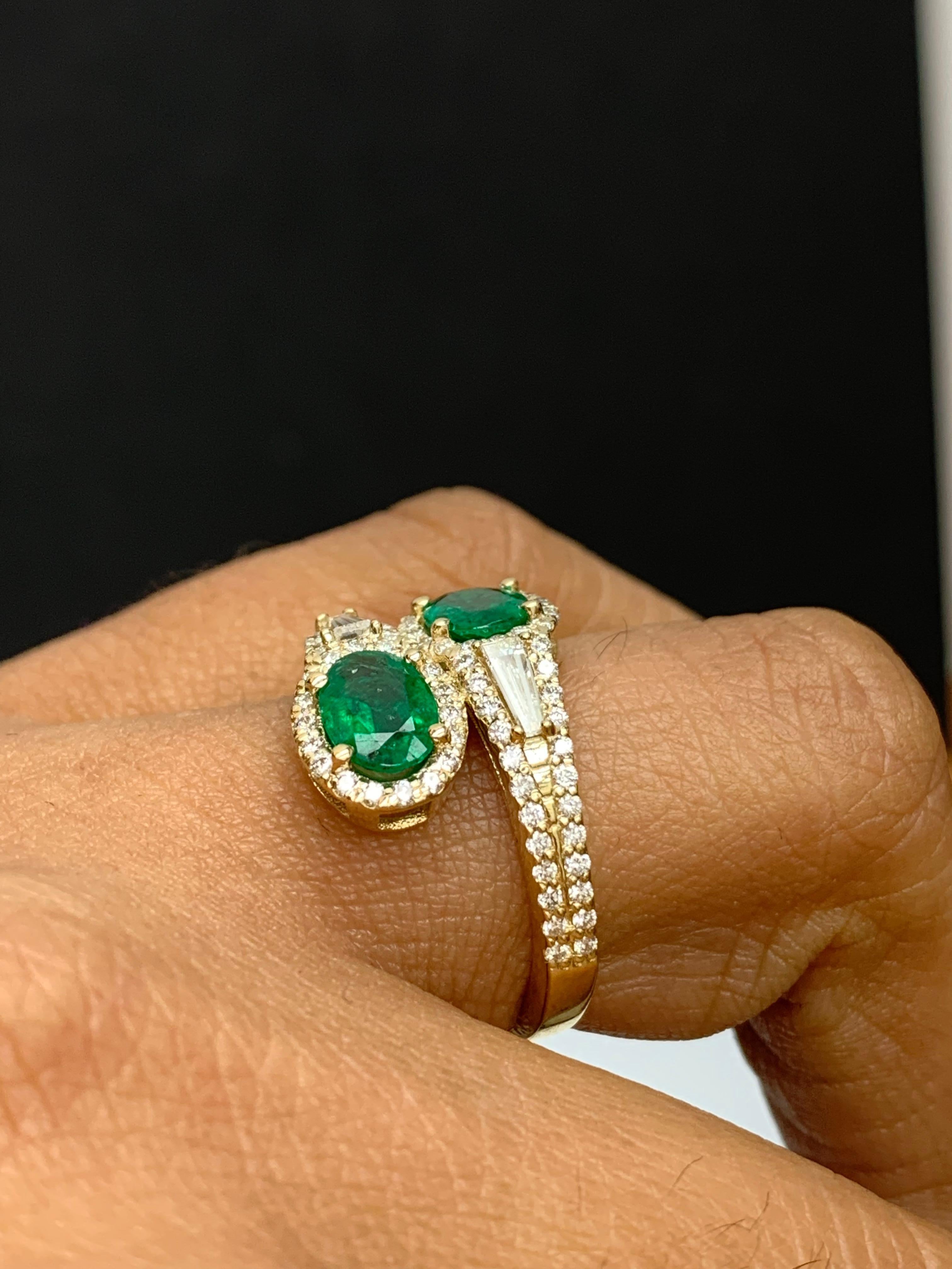 1.52 Carat Oval Cut Emerald Diamond Toi Et Moi Engagement Ring 14K Yellow Gold For Sale 9