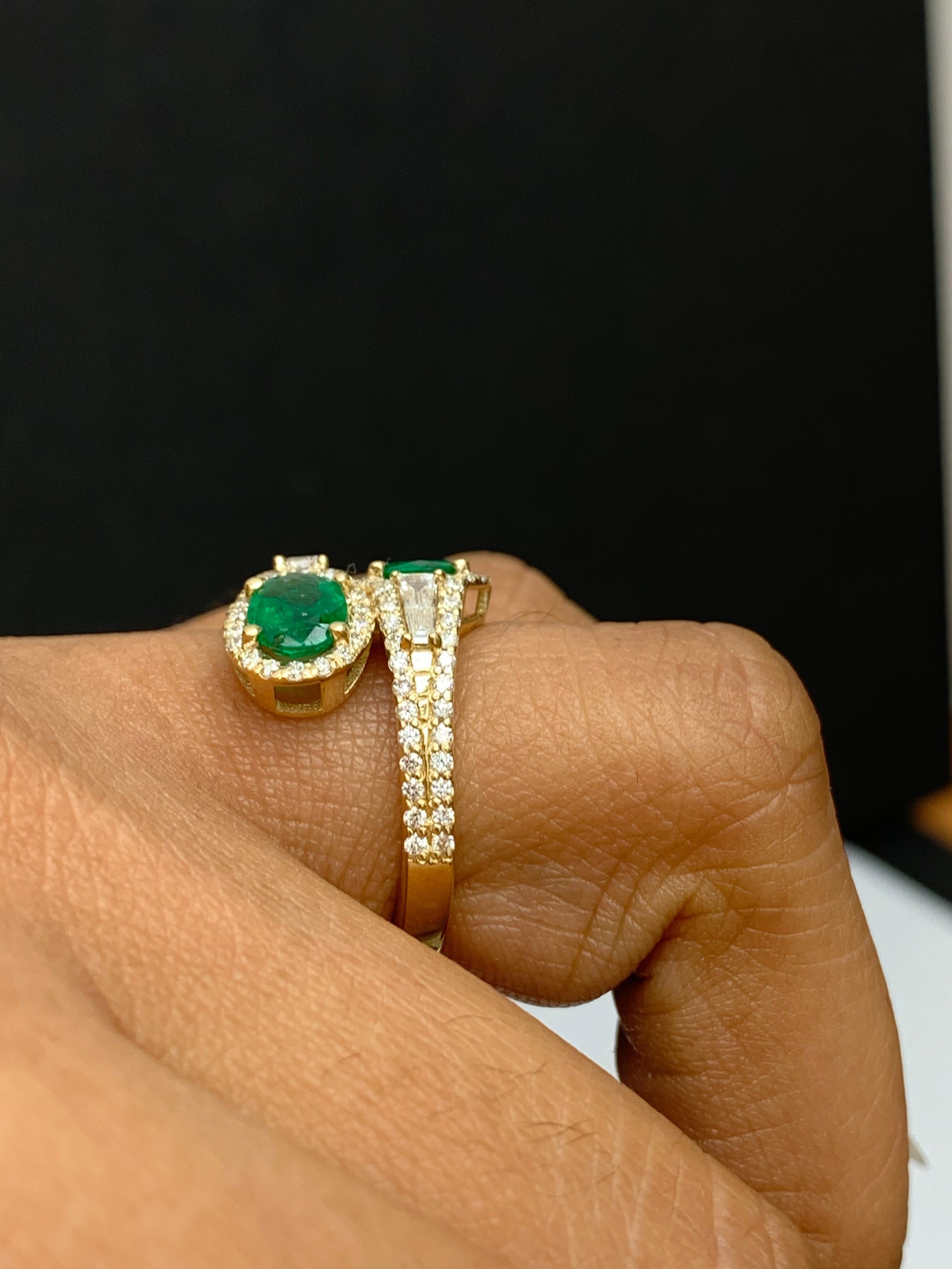 1.52 Carat Oval Cut Emerald Diamond Toi Et Moi Engagement Ring 14K Yellow Gold For Sale 10