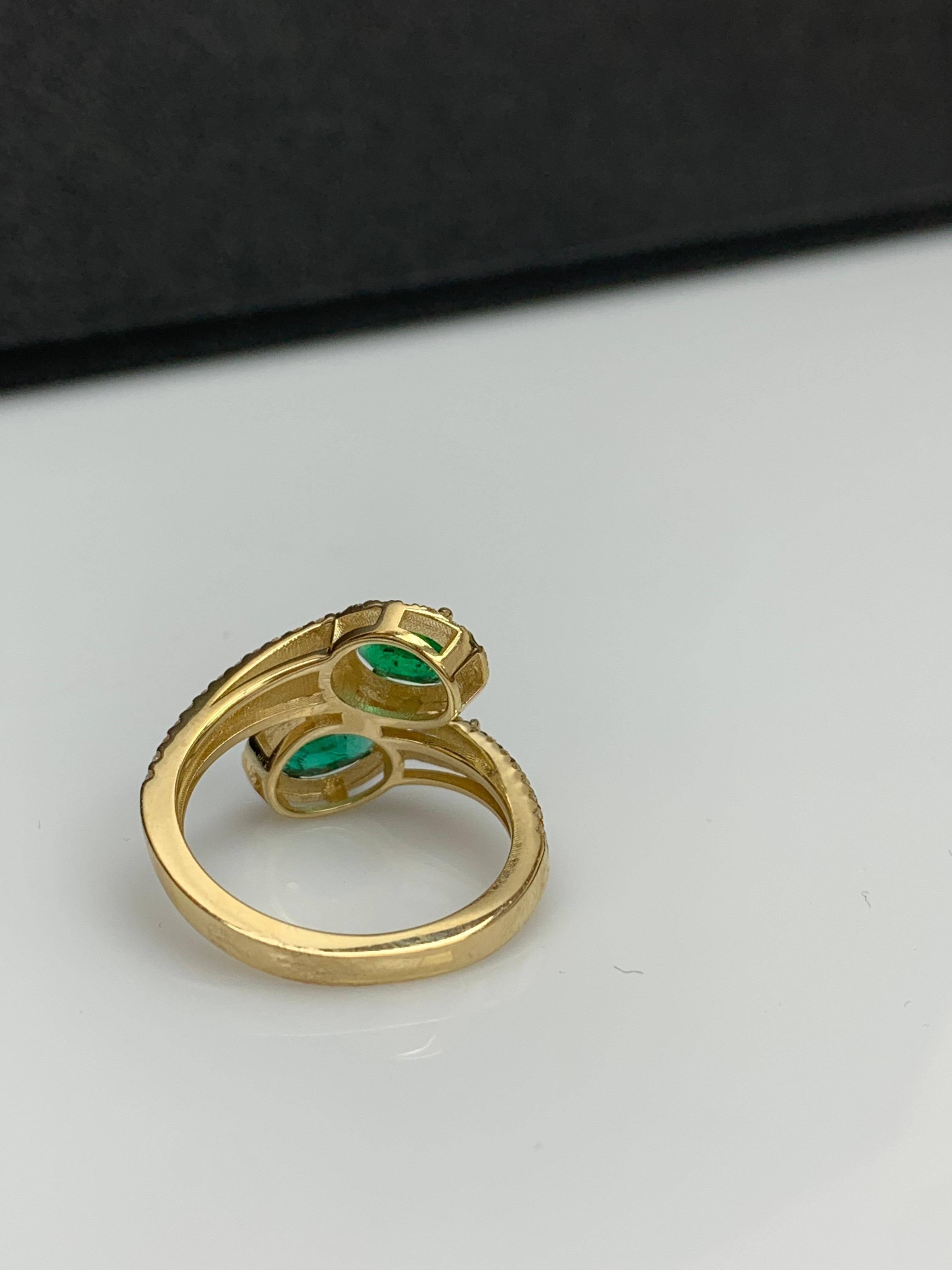 Modern 1.52 Carat Oval Cut Emerald Diamond Toi Et Moi Engagement Ring 14K Yellow Gold For Sale