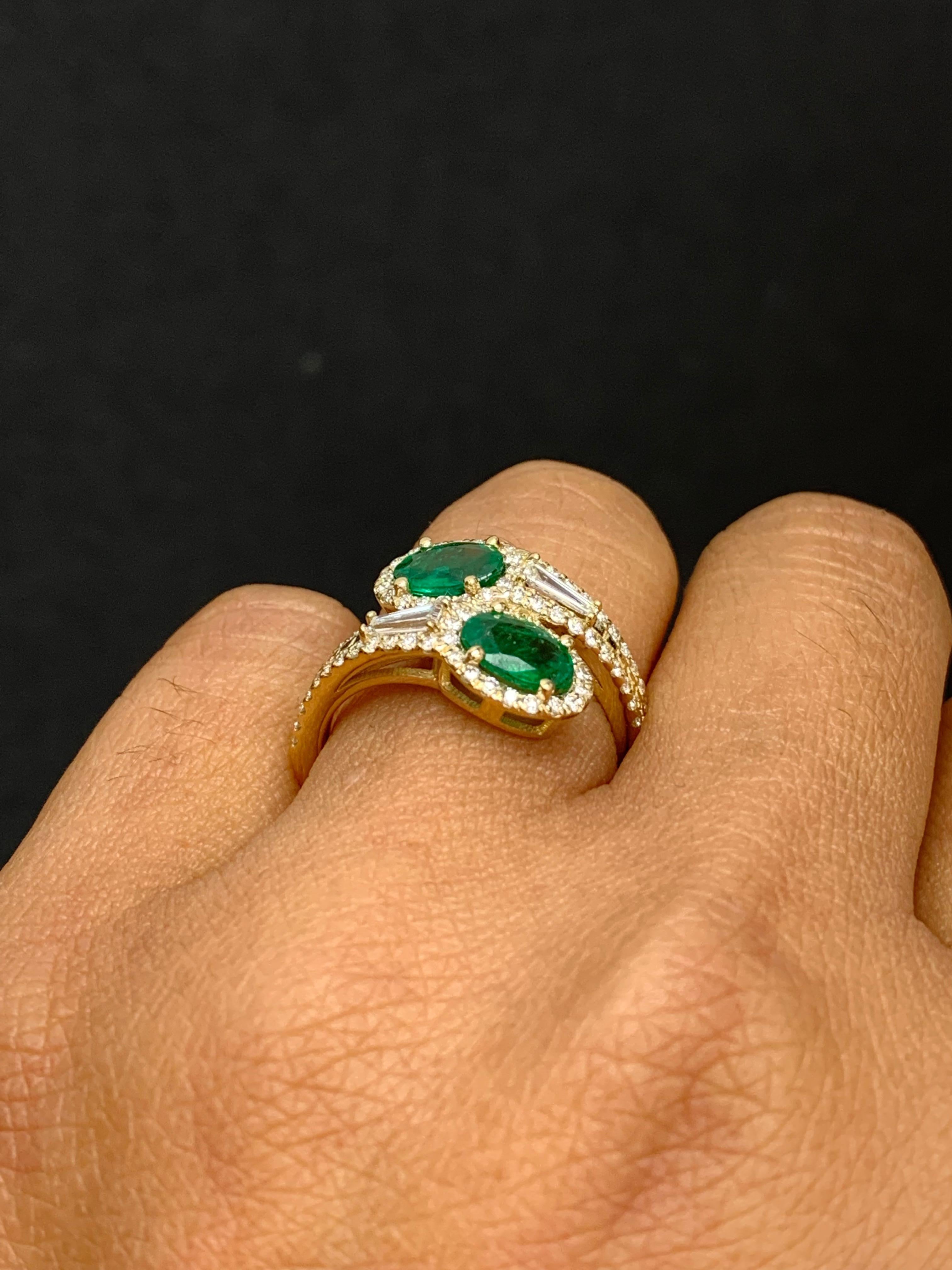 1.52 Carat Oval Cut Emerald Diamond Toi Et Moi Engagement Ring 14K Yellow Gold For Sale 2