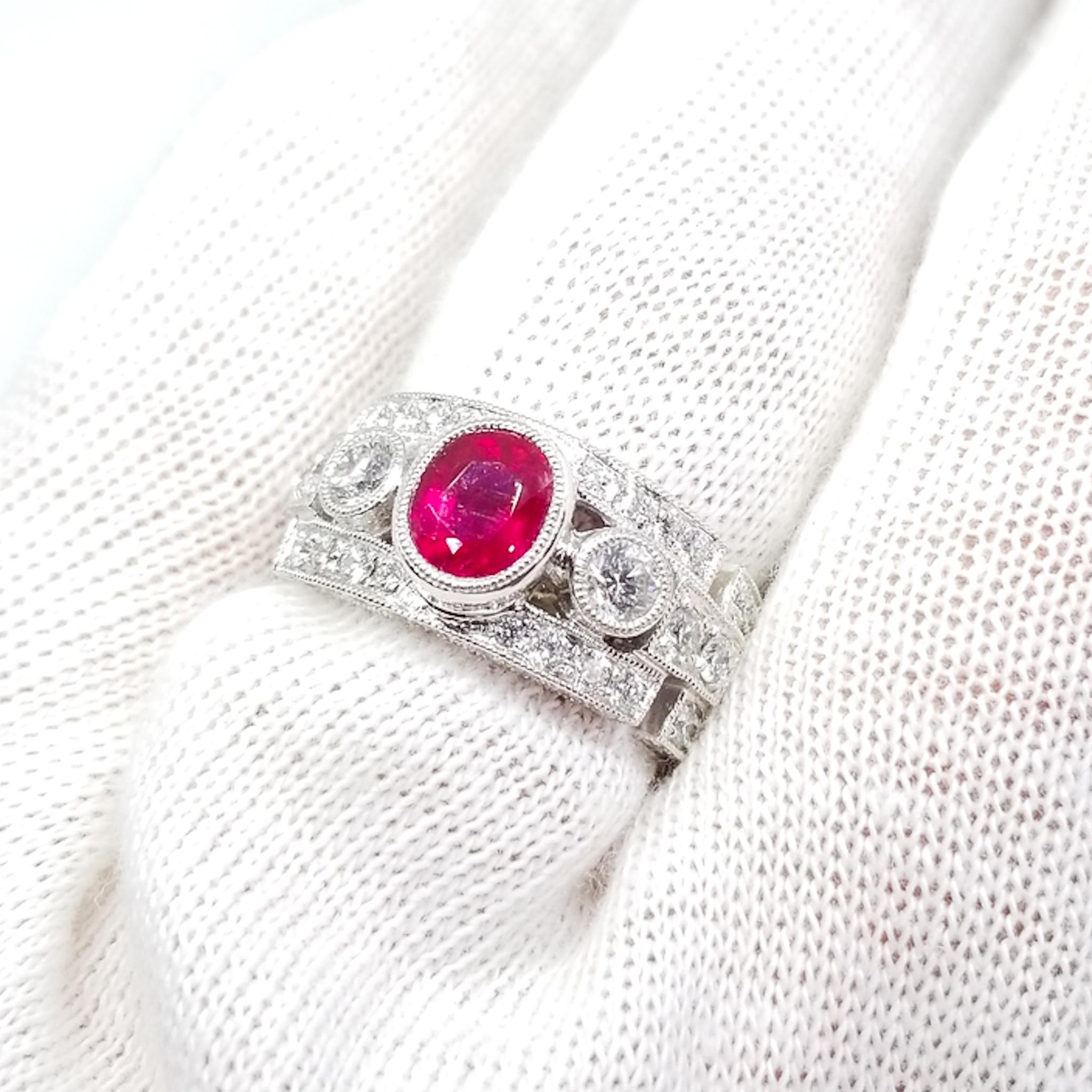 1.52 Carat Oval Ruby 1.20 Carat Diamond Retro Deco Anniversary Ring White Gold For Sale 5