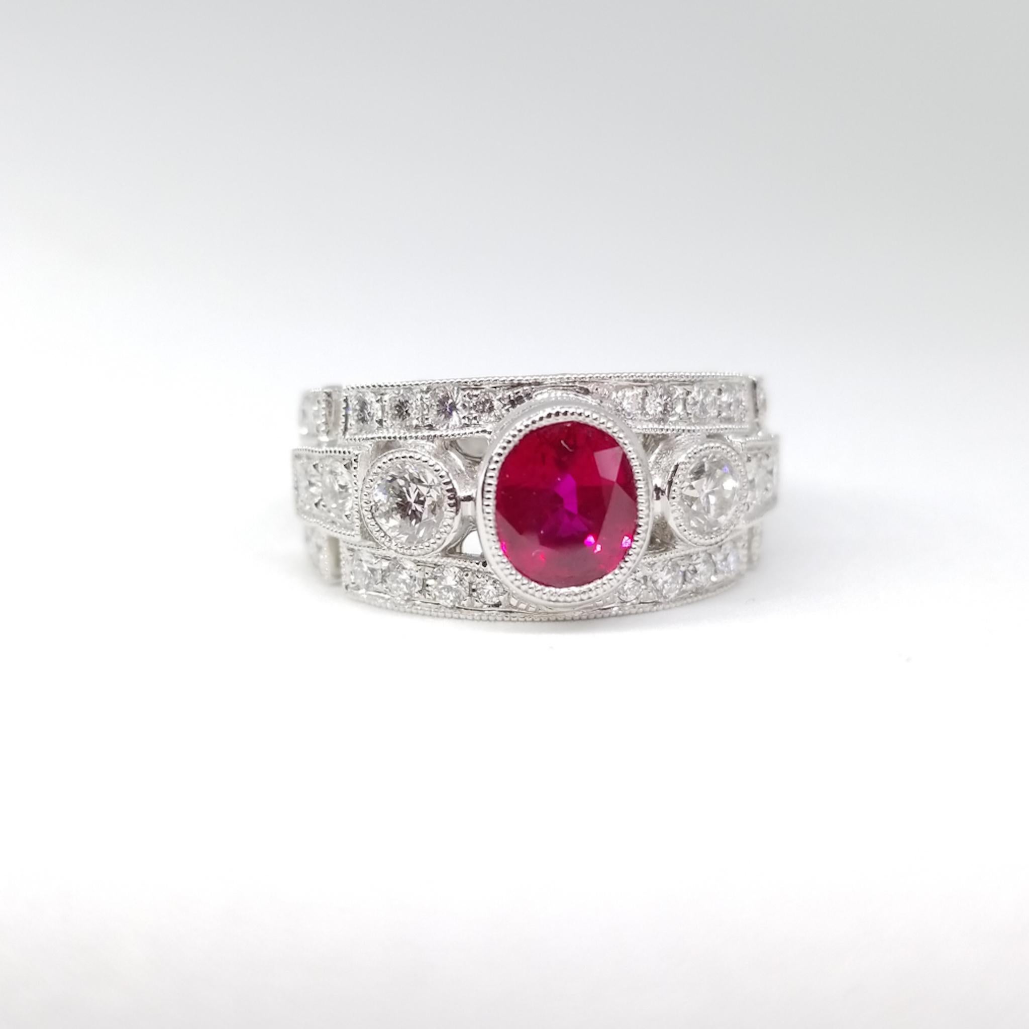 1.52 Carat Oval Ruby 1.20 Carat Diamond Retro Deco Anniversary Ring White Gold For Sale 10