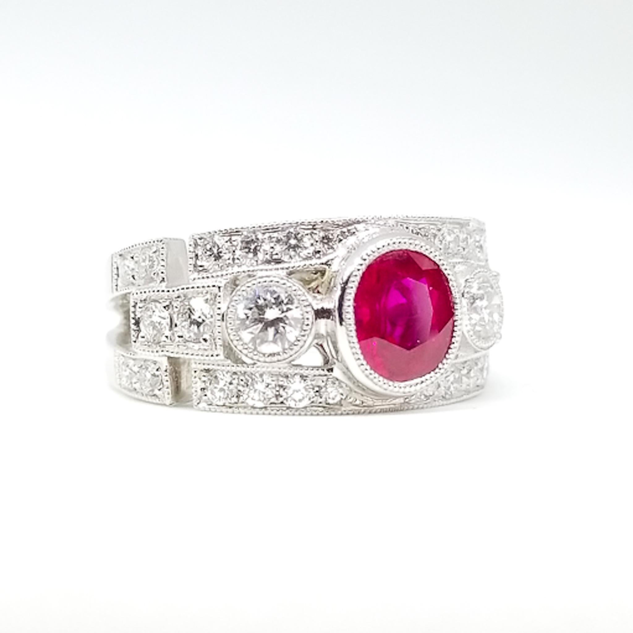 Oval Cut 1.52 Carat Oval Ruby 1.20 Carat Diamond Retro Deco Anniversary Ring White Gold For Sale