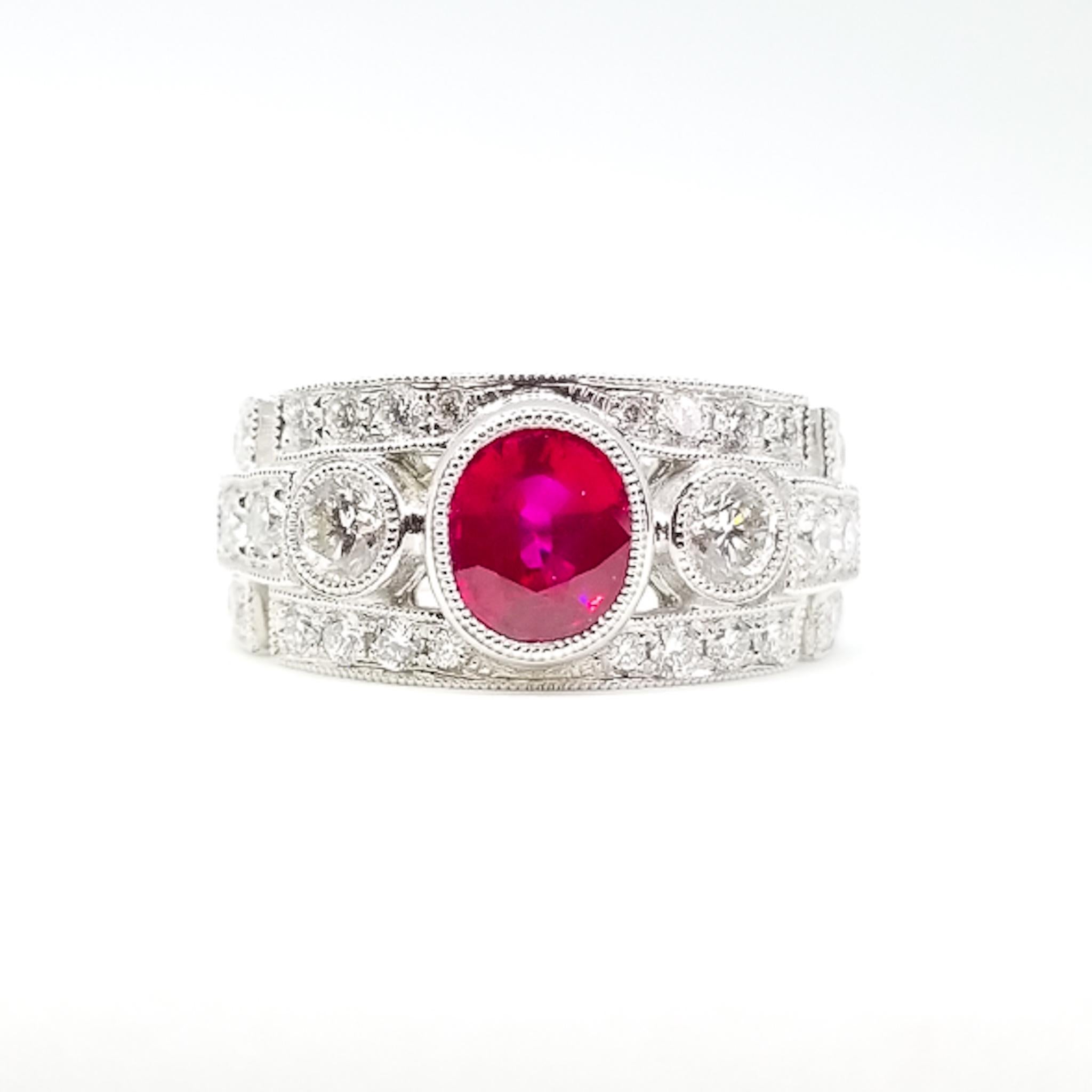 1.52 Carat Oval Ruby 1.20 Carat Diamond Retro Deco Anniversary Ring White Gold In New Condition For Sale In Lambertville , NJ