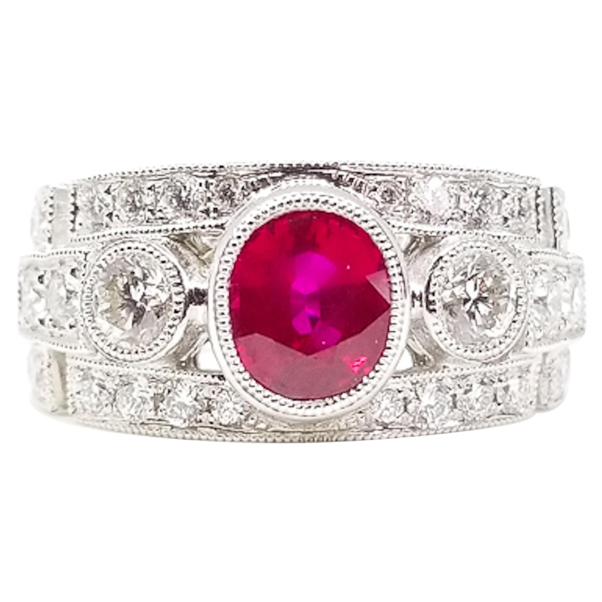 1.52 Carat Oval Ruby 1.20 Carat Diamond Retro Deco Anniversary Ring White Gold For Sale