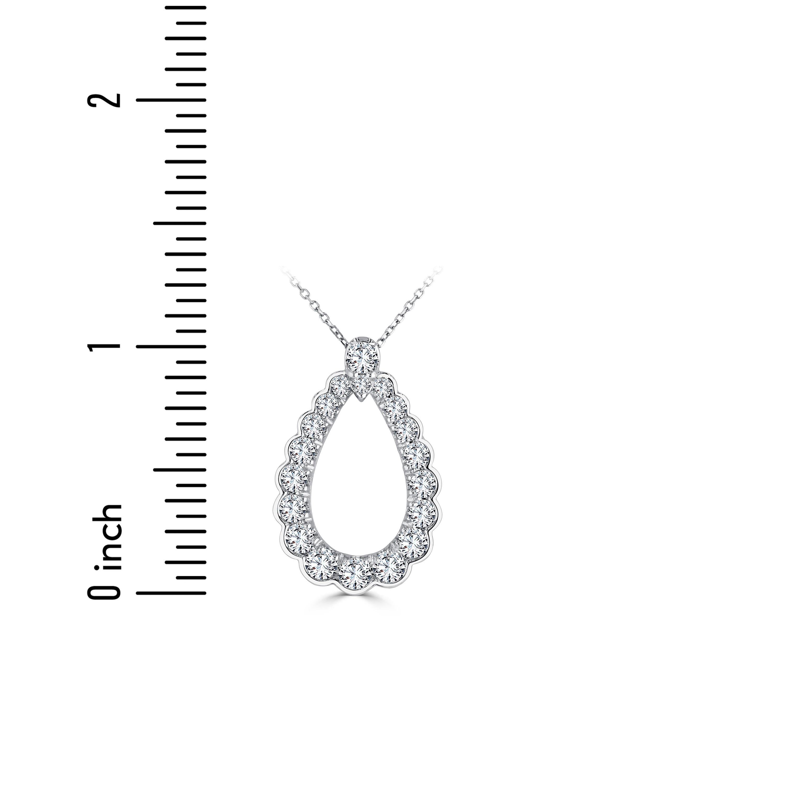 This beautiful pendant has the form of a pear shape 14k white gold frame with a scalloped edge, made of carefully selected graduated size round natural diamonds. Total diamond weight 1.52 carats. The chain of this pendant is detachable.

DiamondTown