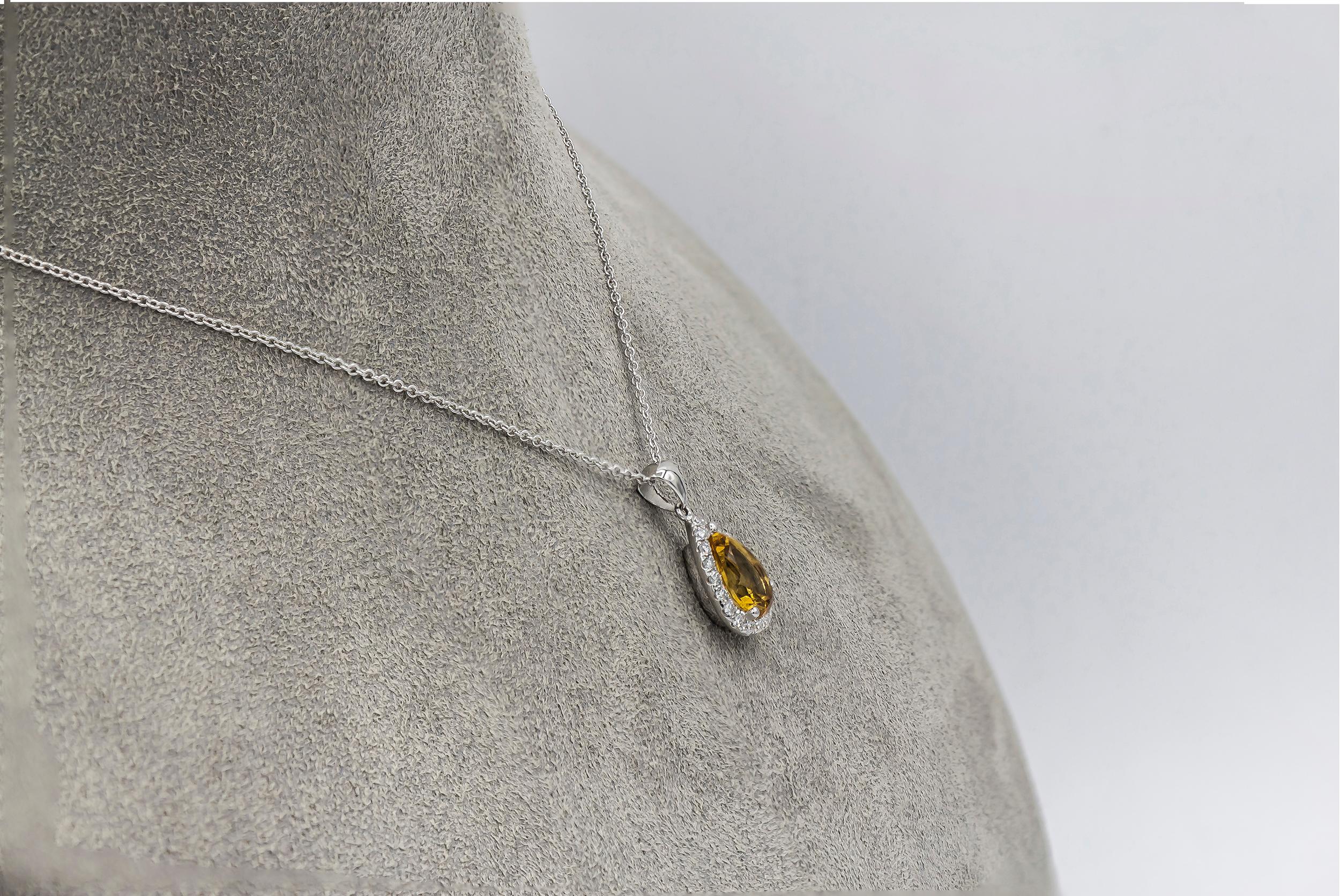 Contemporary Roman Malakov 1.52 Carat Pear Shape Citrine and Diamond Halo Pendant Necklace