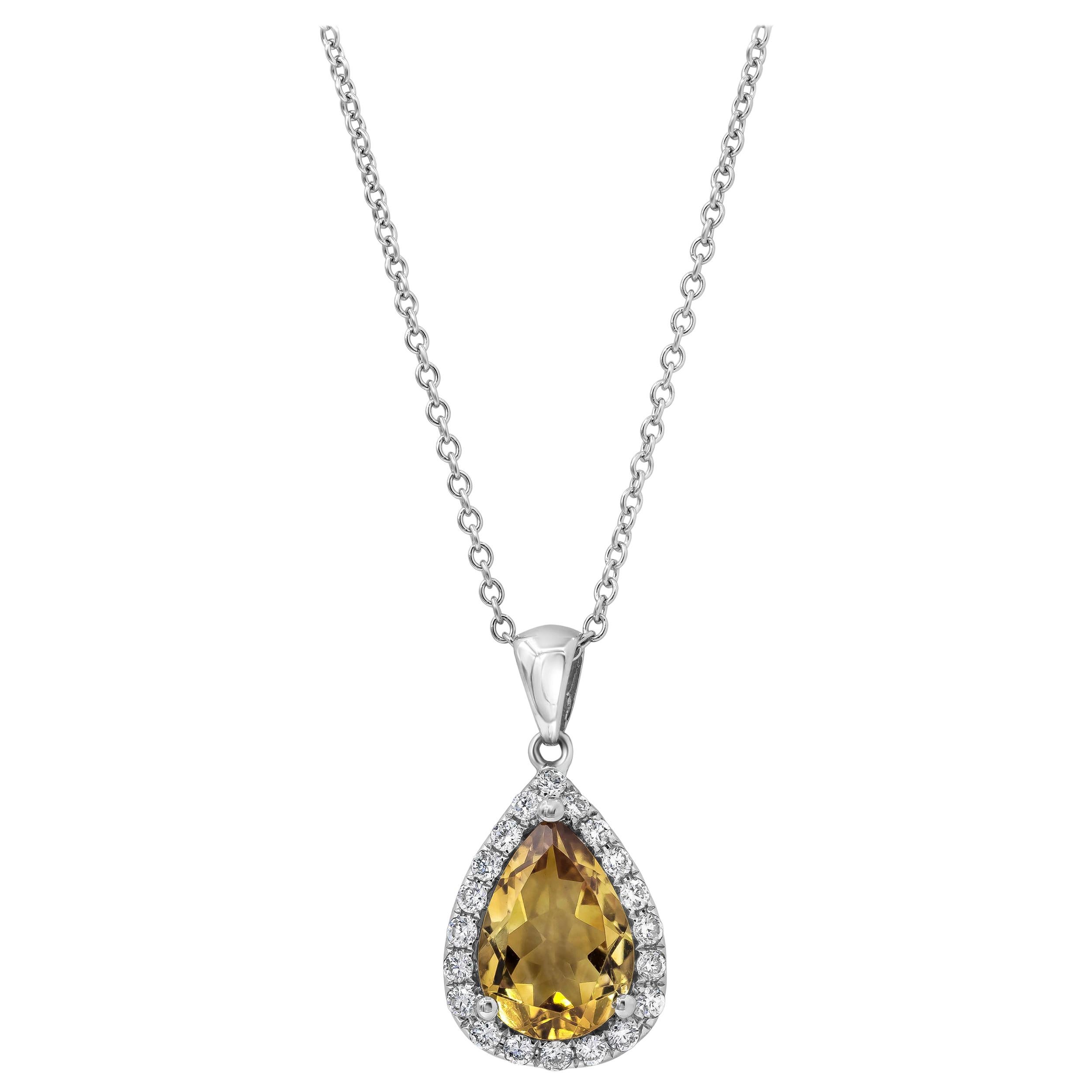 Roman Malakov 1.52 Carat Pear Shape Citrine and Diamond Halo Pendant Necklace